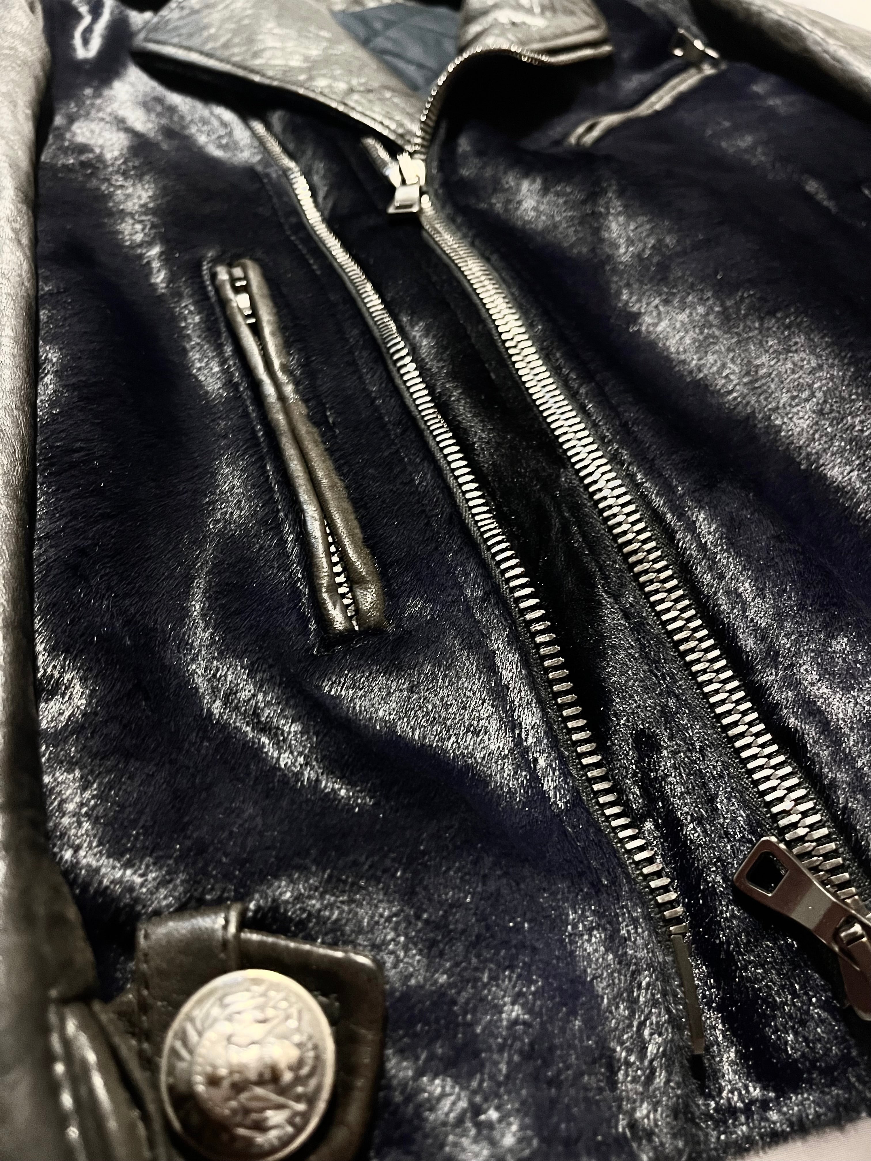 BALMAIN FW12 MIDNIGHT BLUE CALFHAIR AND COWHIDE PERFECTO BIKER JACKET IN 44