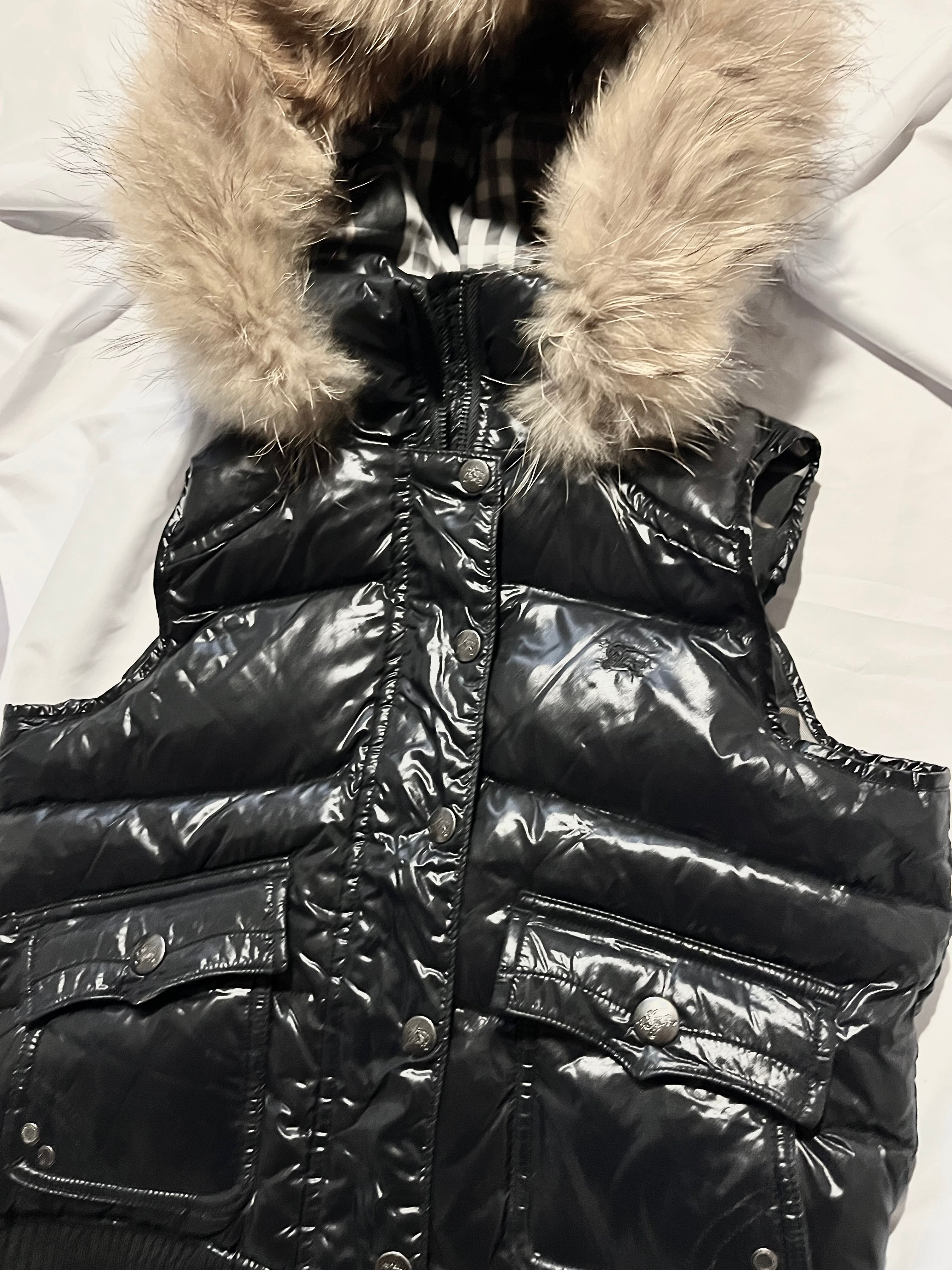 BURBERRY BLUE LABEL 2000S REAL FUR NOVA CHECK PUFFER DOWN VEST