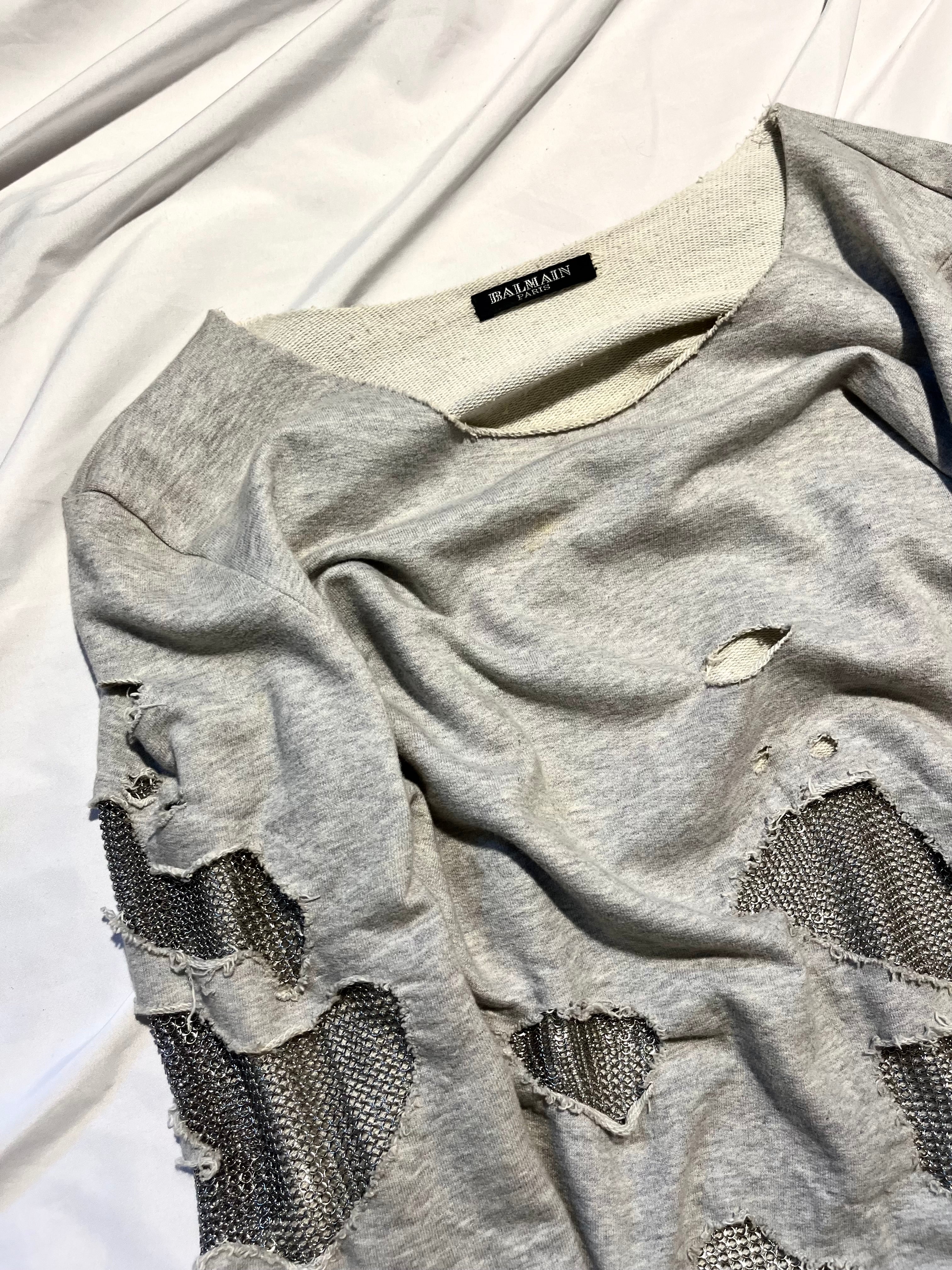 BALMAIN SS11 GRAY SHOTGUN DISTRESSED CHAINMAIL SWEATSHIRT BY CRISTOPHE DECARNIN SIZE 40