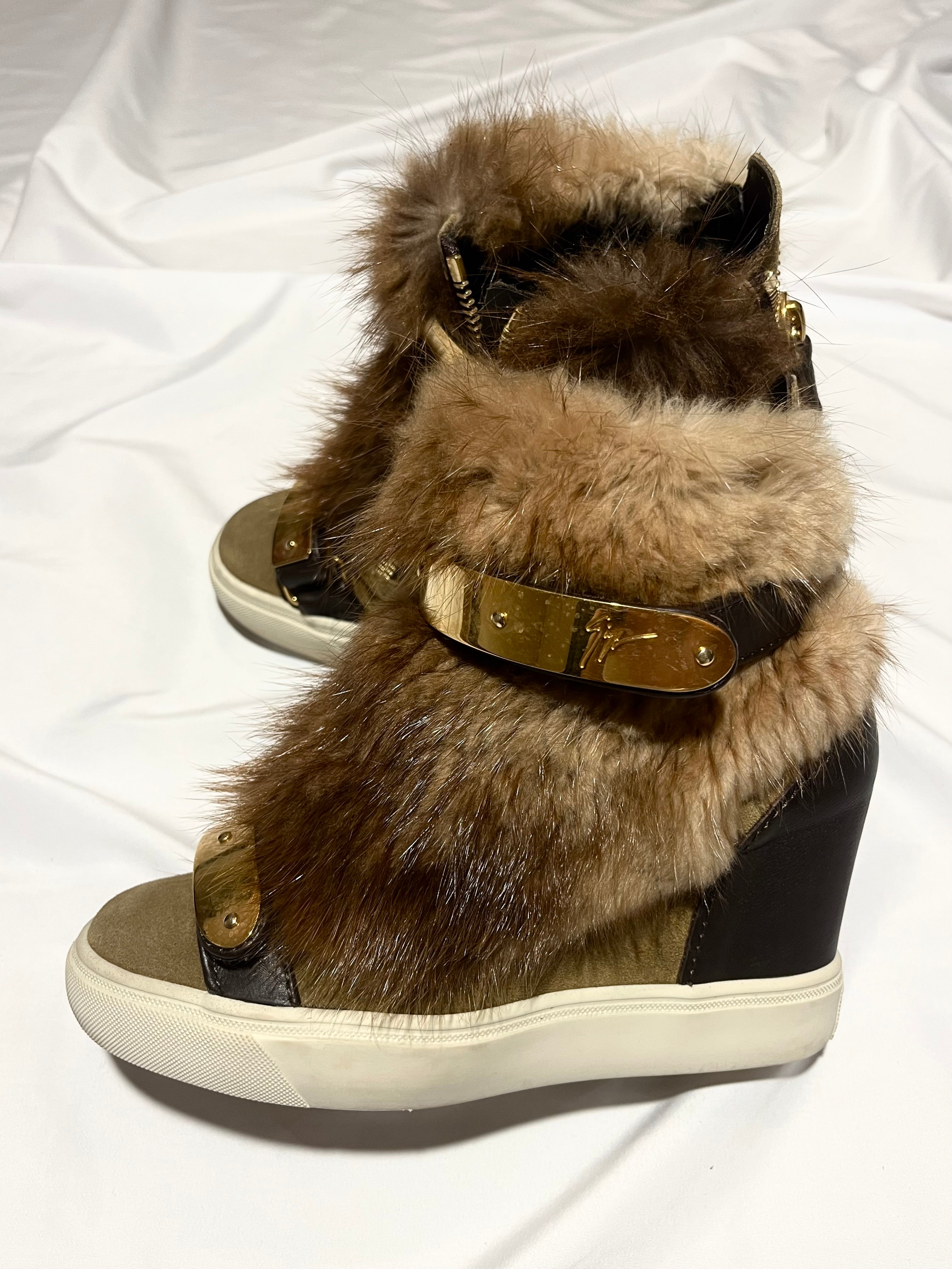 GIUSEPPE ZANOTTI 'COBY' BROWN/GOLD FUR WEDGE SNEAKERS IN 35