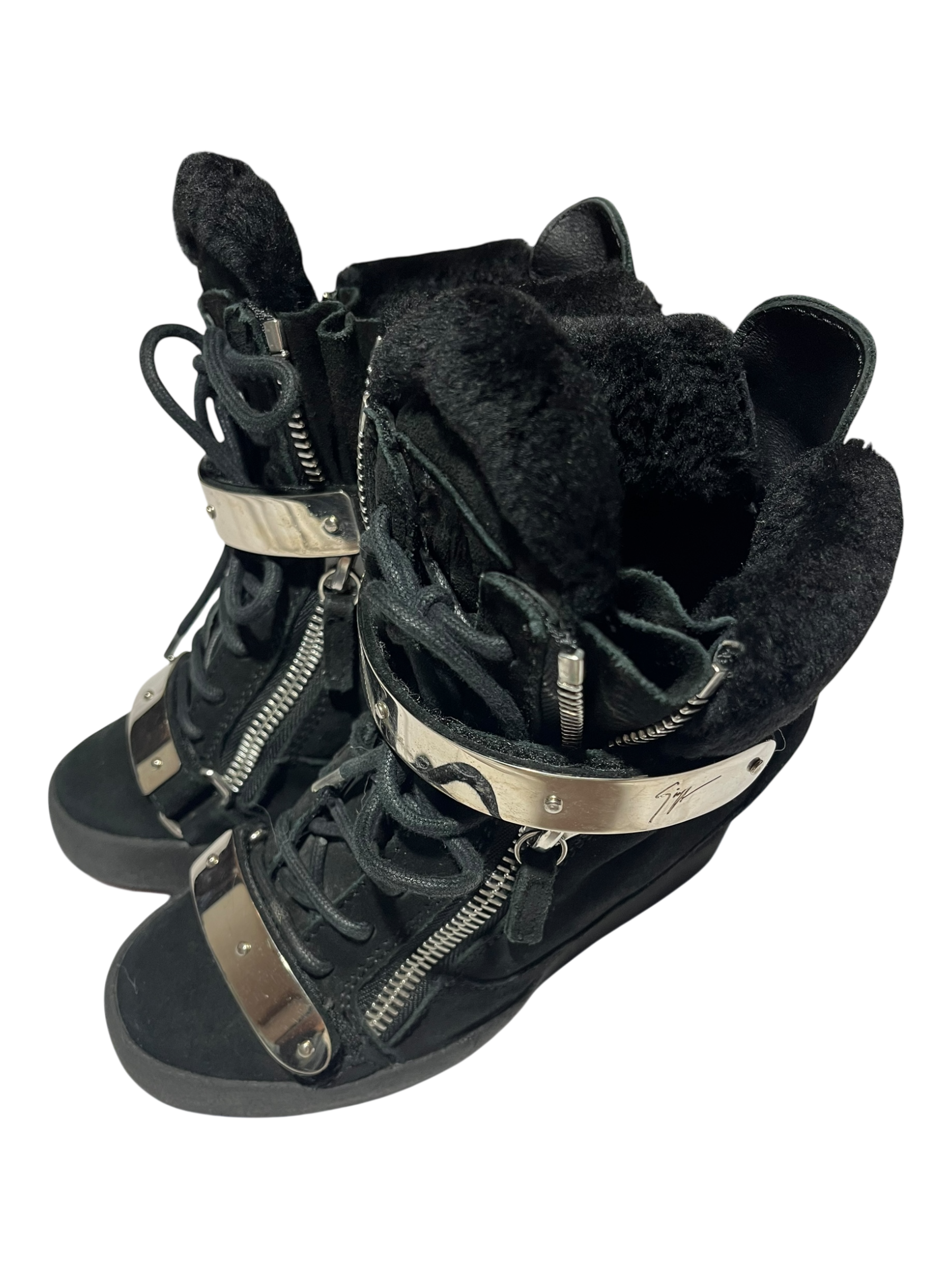 GIUSEPPE ZANOTTI 'COBY' BLACK / SILVER SHEARLING WEDGE SNEAKERS IN 36