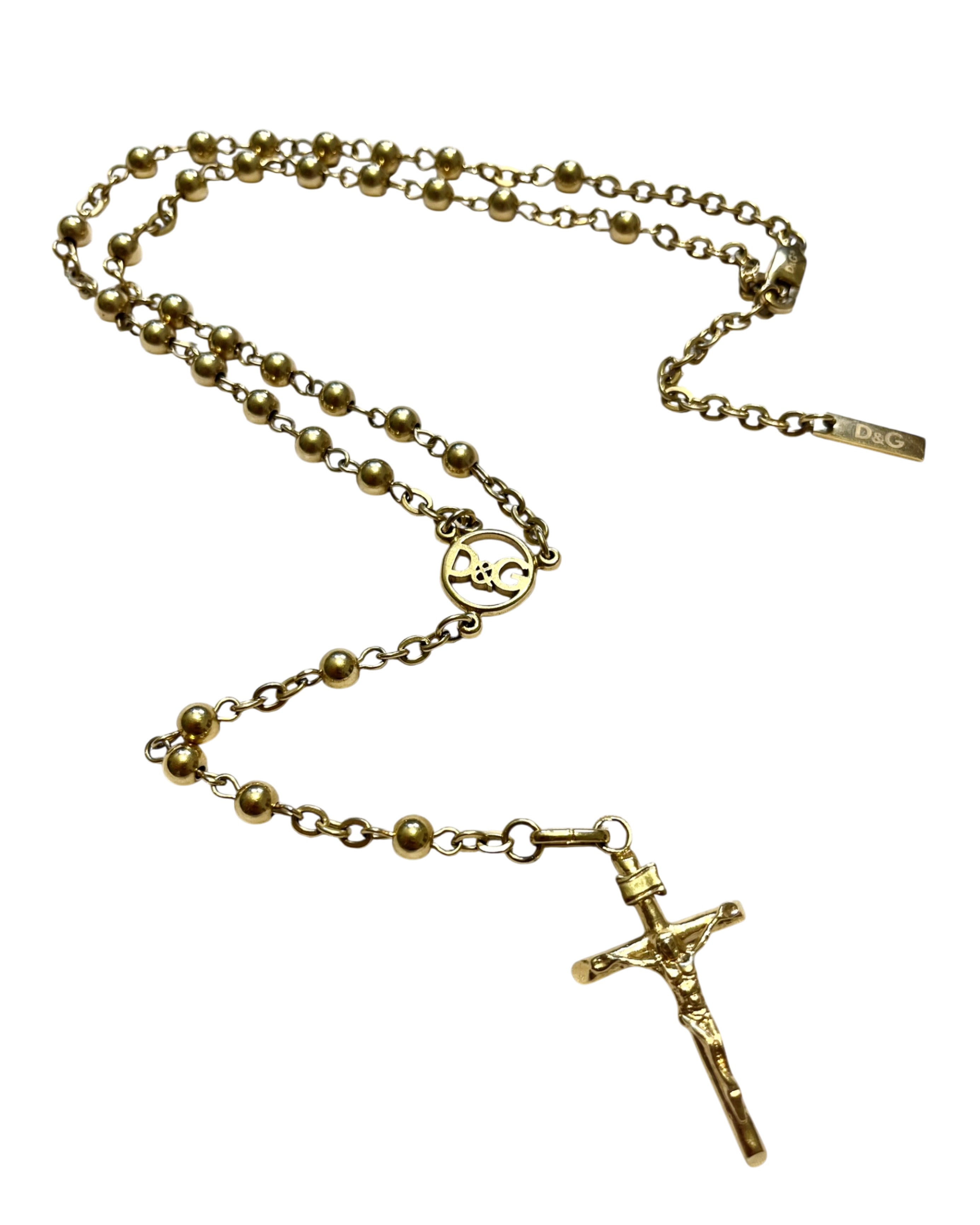 DOLCE & GABANNA GOLDEN SPELLOUT CHARM ROSARY JESUS CROSS NECKLACE