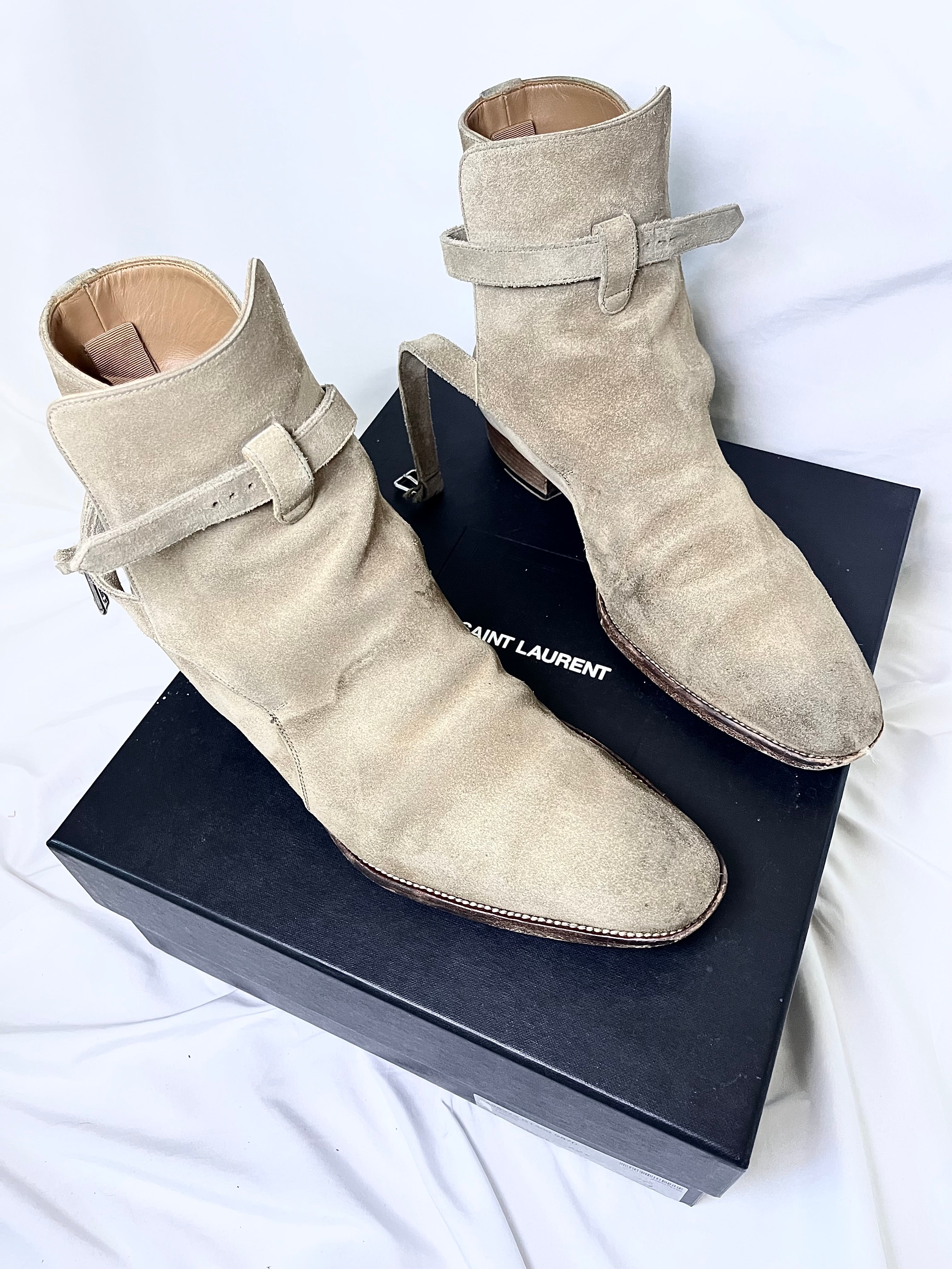 SAINT LAURENT PARIS KHAKI SUEDE LEATHER "JODHPUR" STRAP BOOTS IN 42