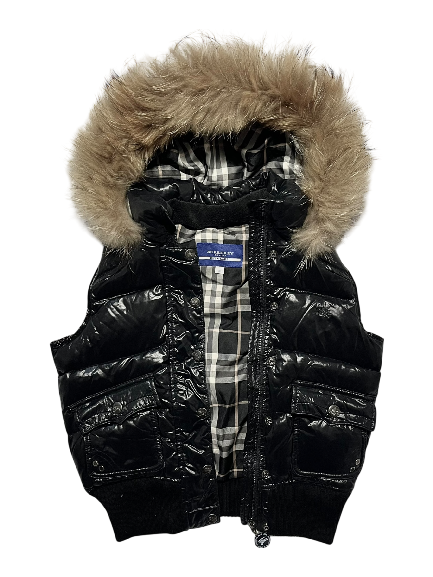 BURBERRY BLUE LABEL 2000S REAL FUR NOVA CHECK PUFFER DOWN VEST