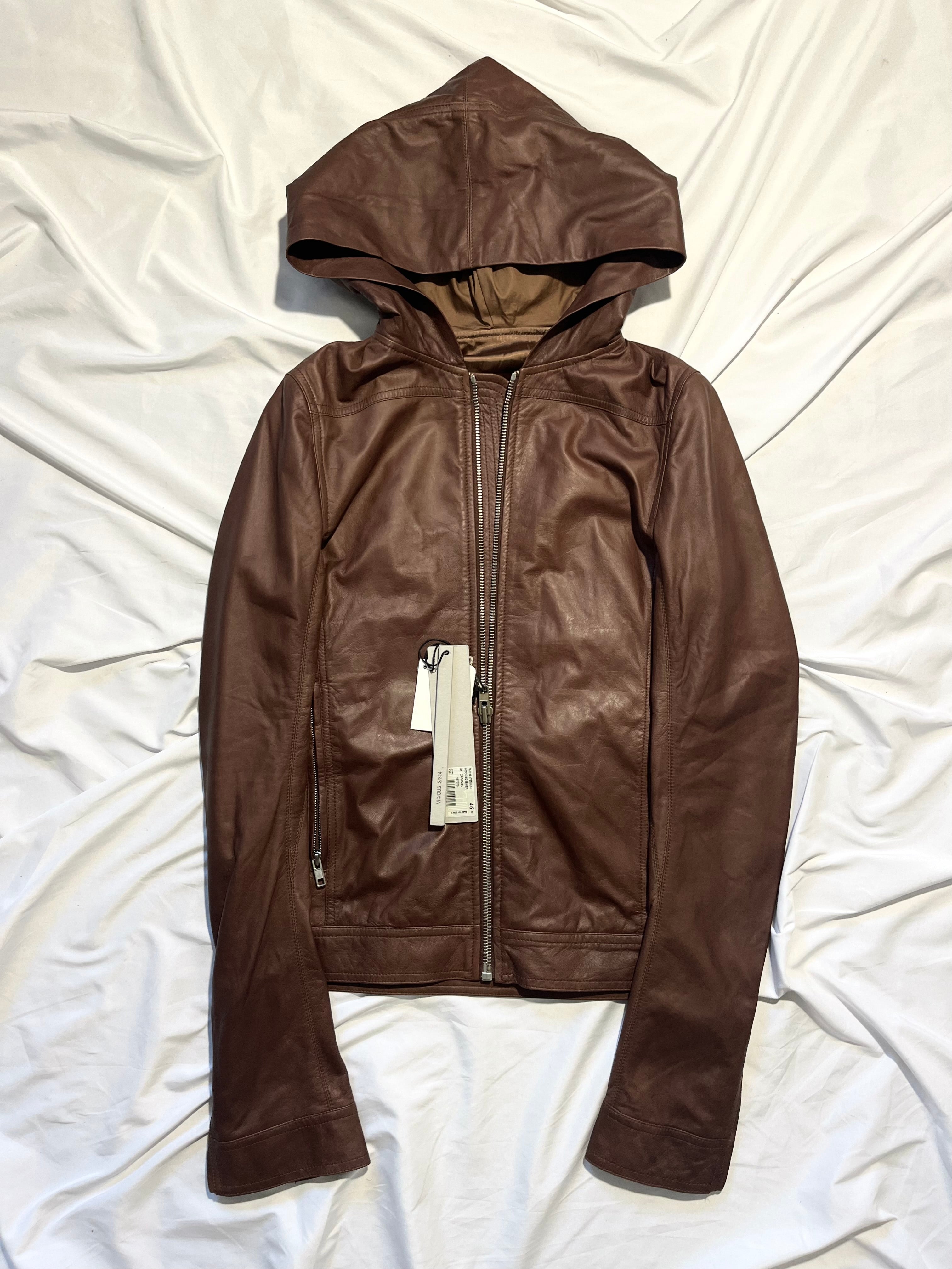 RICK OWENS FW14 "MOODY" HOODED LAMBSKIN JACKET IN CARAMEL SIZE 46IT