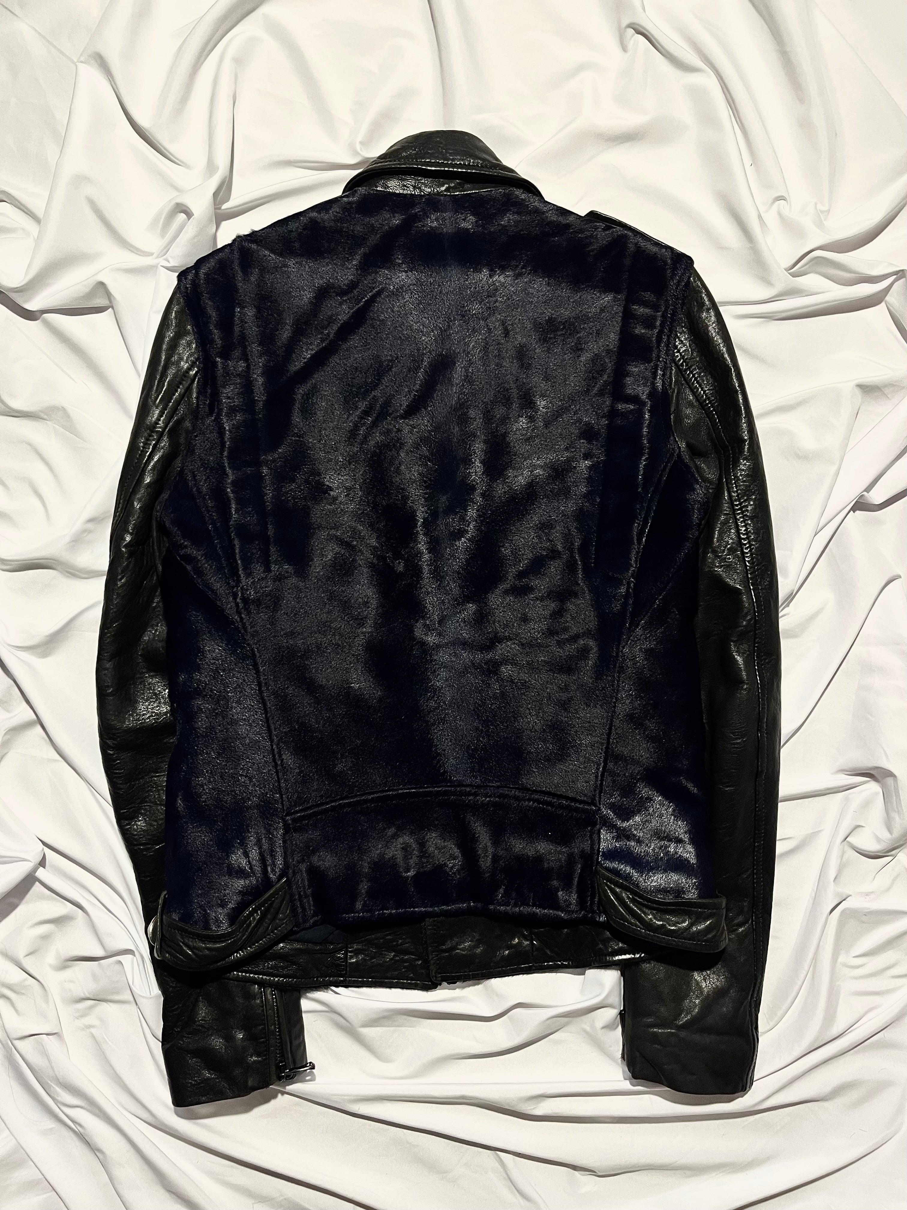 BALMAIN FW12 MIDNIGHT BLUE CALFHAIR AND COWHIDE PERFECTO BIKER JACKET IN 44