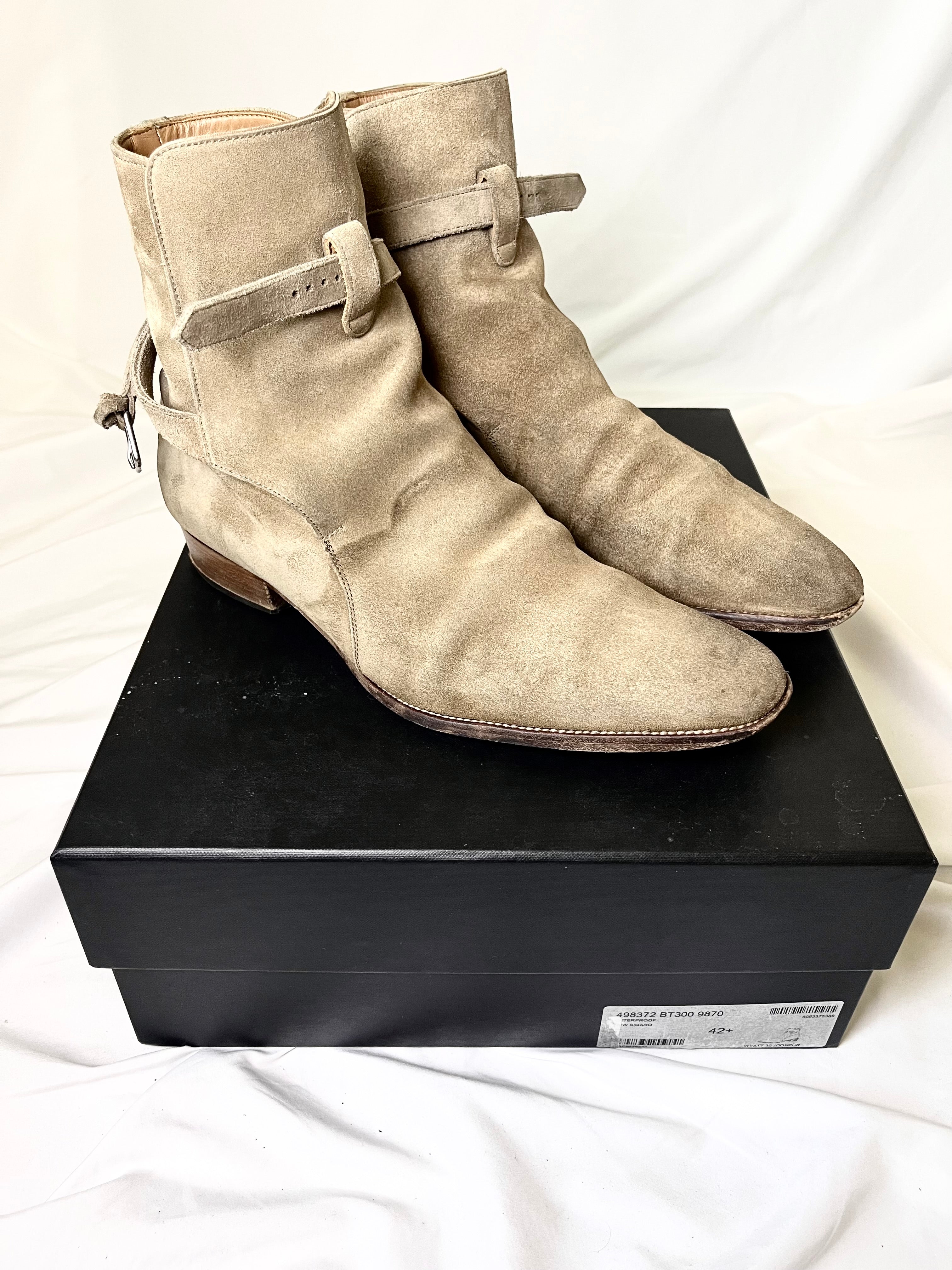 SAINT LAURENT PARIS KHAKI SUEDE LEATHER "JODHPUR" STRAP BOOTS IN 42