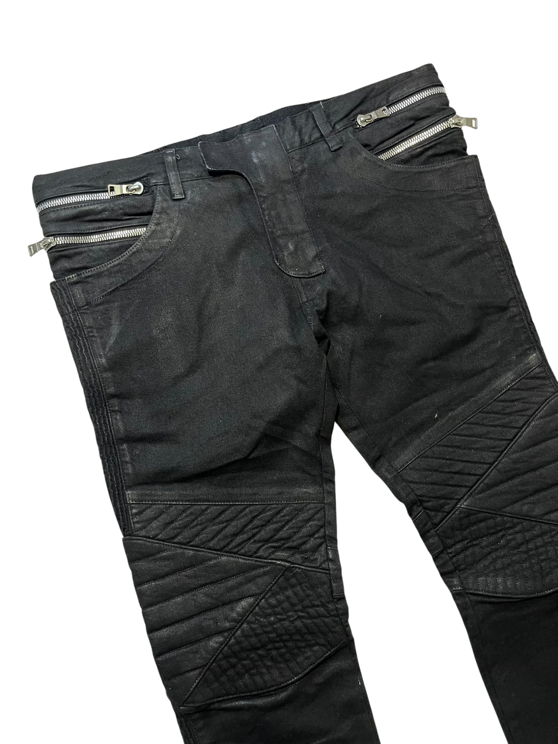 BALMAIN FW14 MULTI ZIPPER WAXED BIKER DENIM BY OLIVIER ROUSTEING