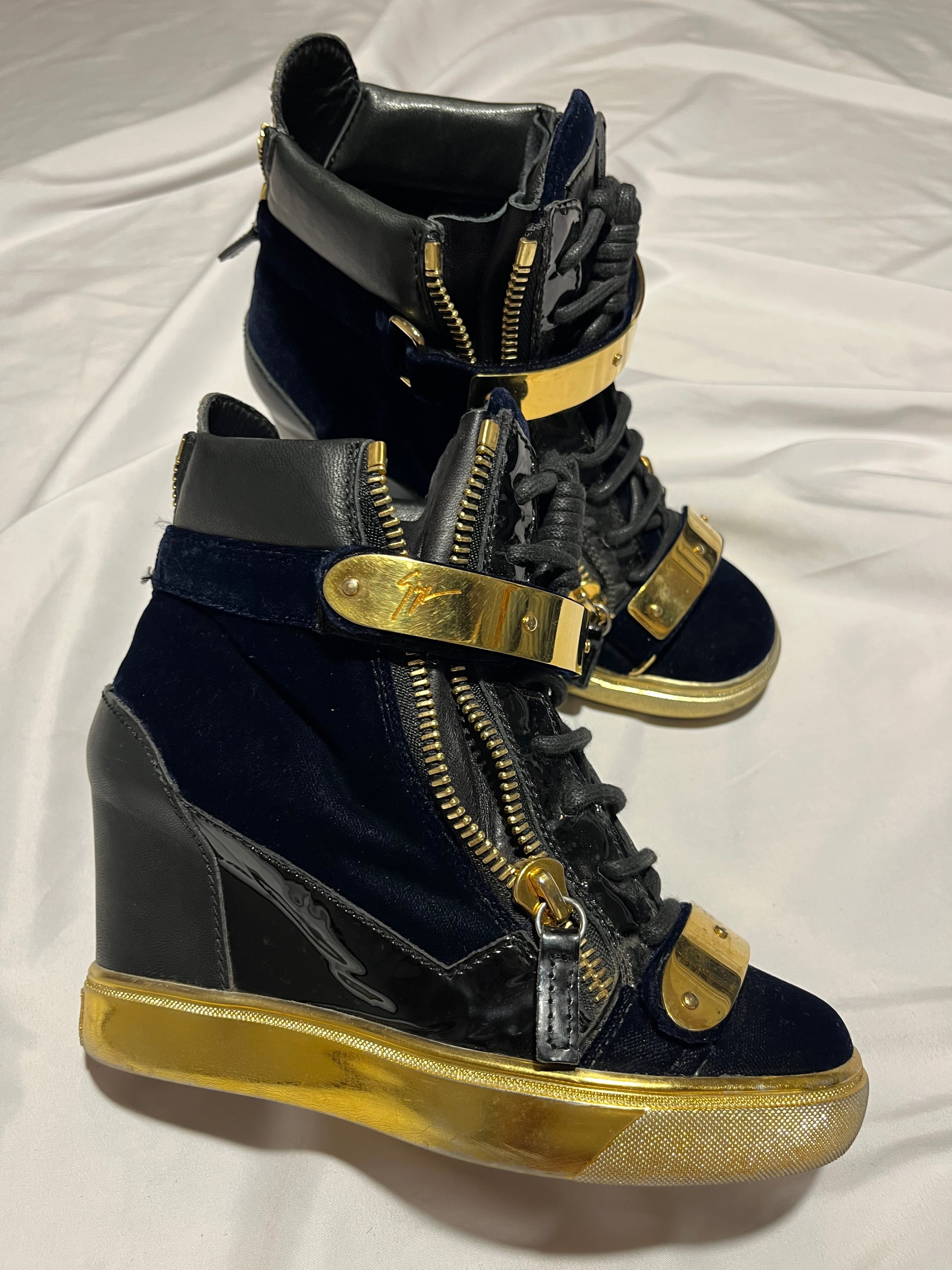 GIUSEPPE ZANOTTI 'COBY' DARK BLUE SATIN WEDGE SNEAKERS IN 36