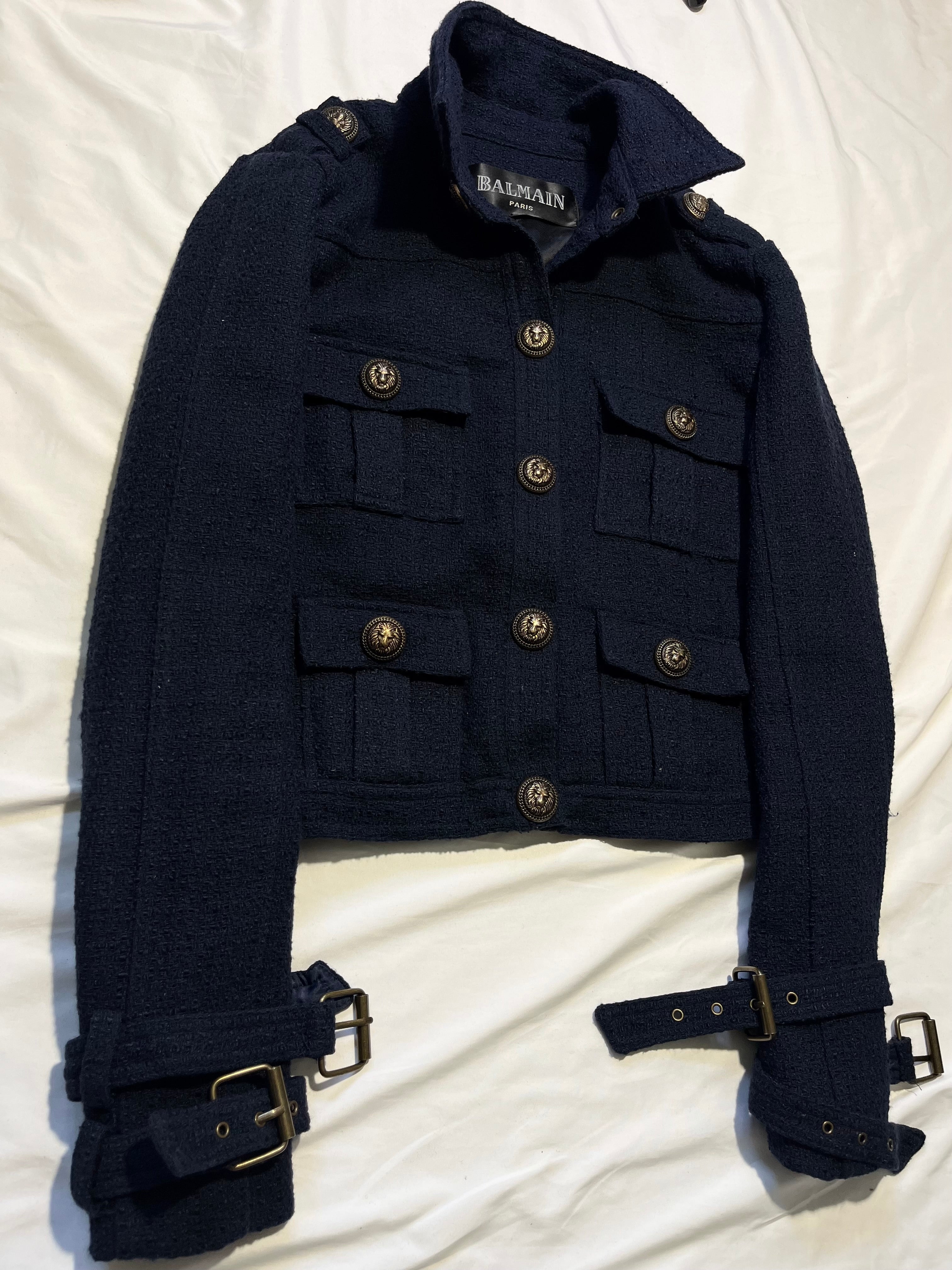 BALMAIN MILITARY STRAP TWEED JACKET IN NAVY