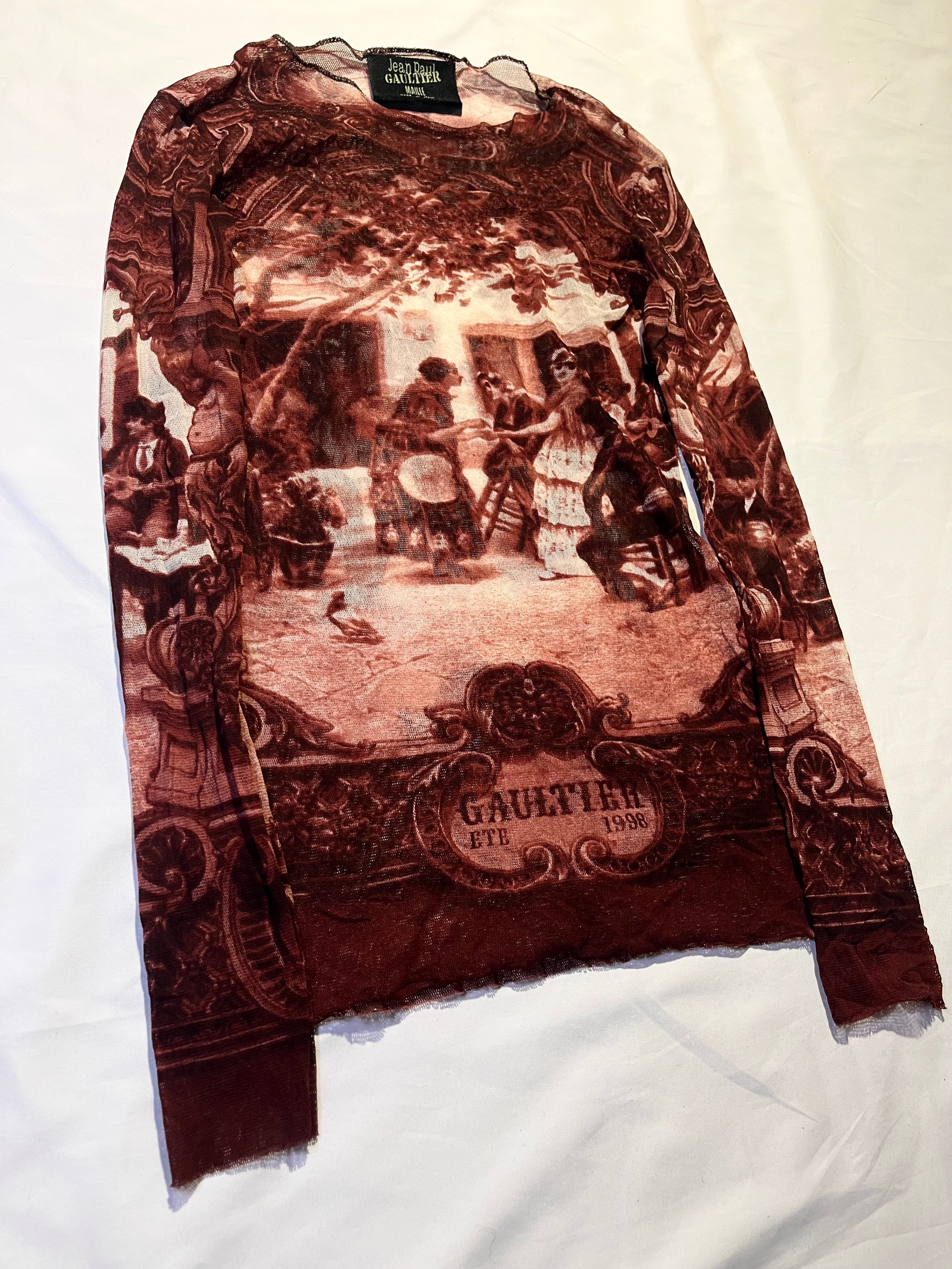 JEAN PAUL GAULTIER 'ETE 1998' FALL VILLAGE PAINTING DARK RED VINTAGE MESH TOP