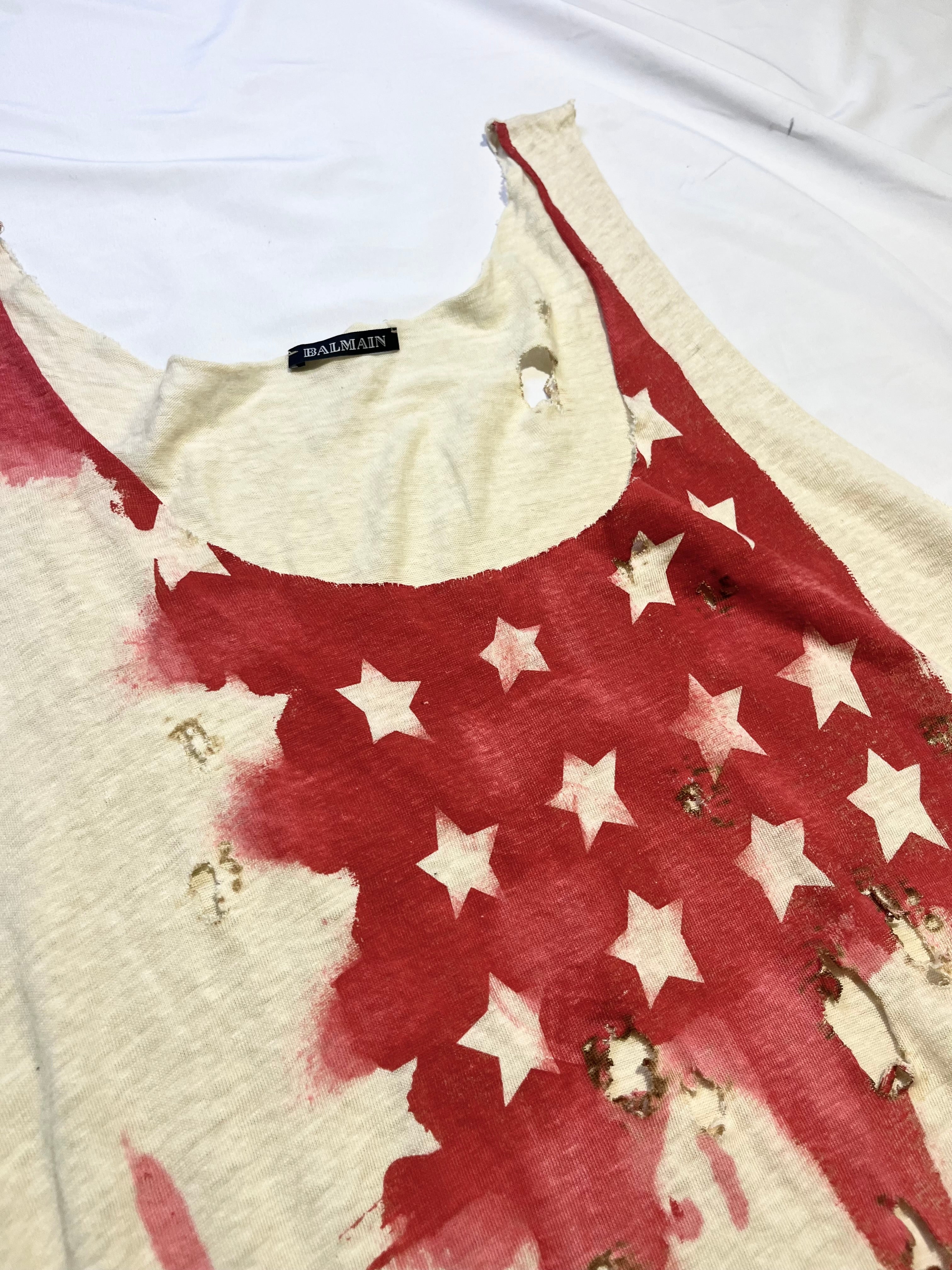 BALMAIN SS11 STARS AND STRIPES US FLAG BURNT DISTRESSED TANK TOP BY CRISTOPHE DECARNIN