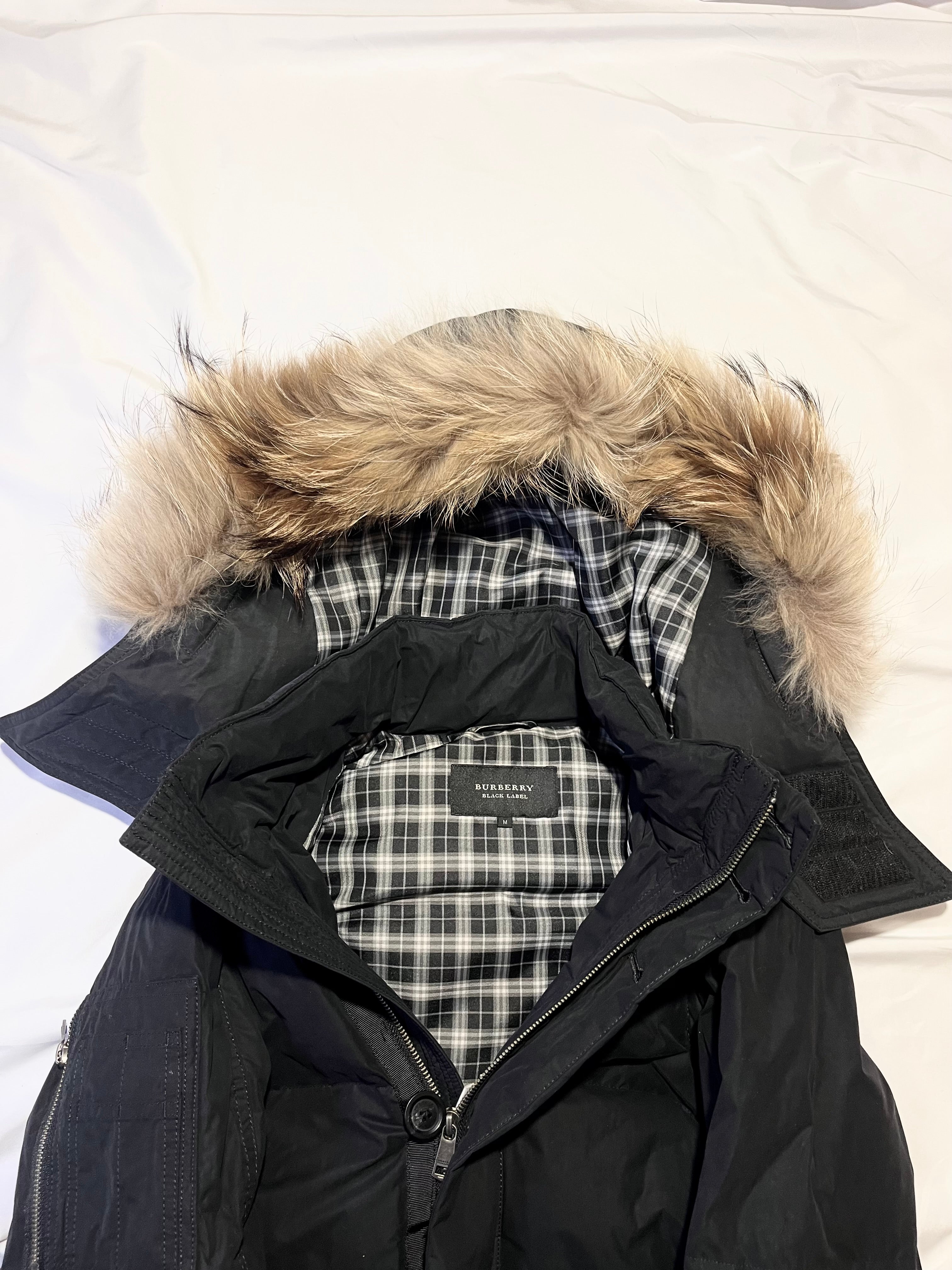 BURBERRY BLACK LABEL 2009 REAL FUR NOVA CHECK PUFFER DOWN JACKET
