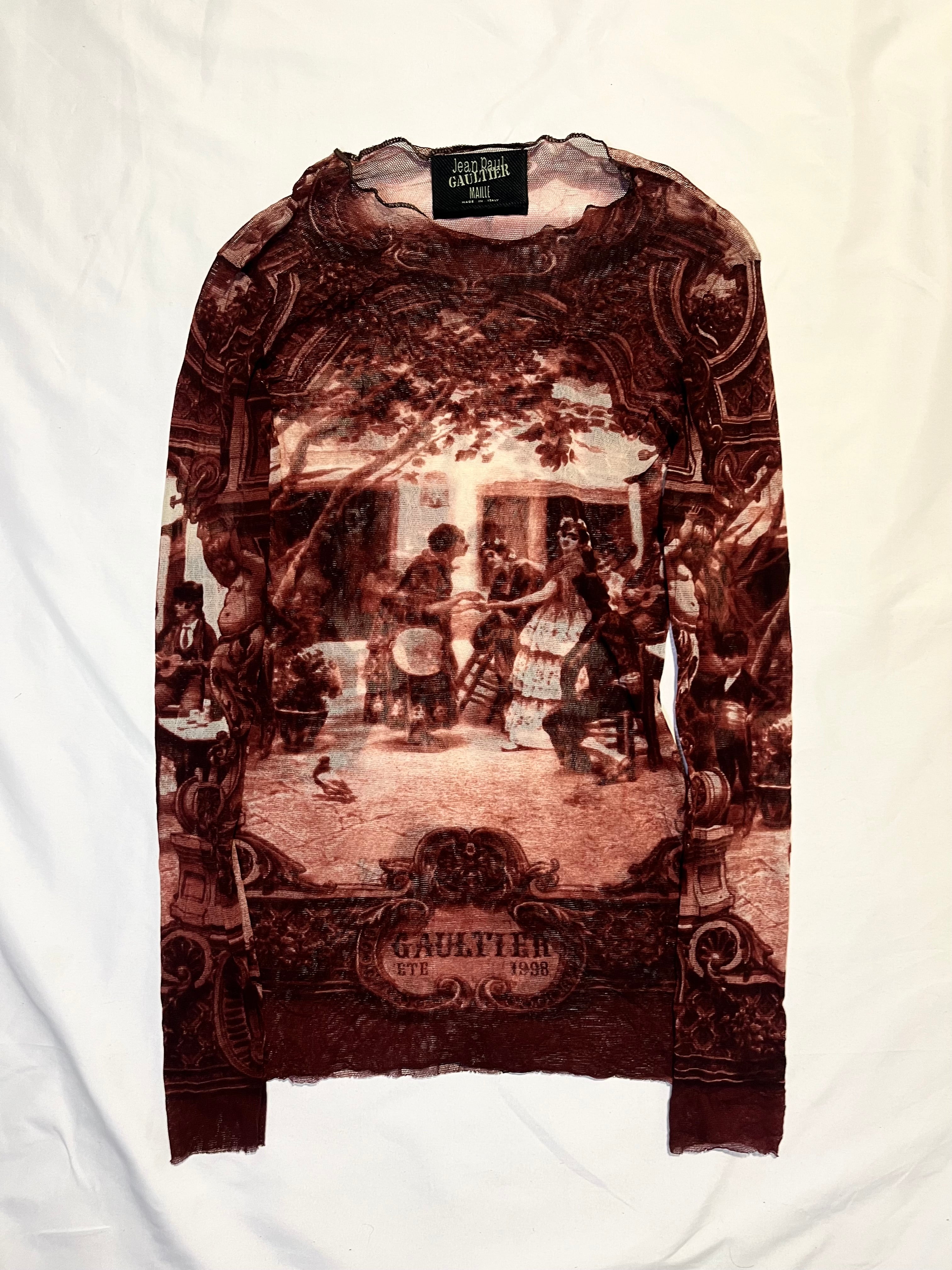 JEAN PAUL GAULTIER 'ETE 1998' FALL VILLAGE PAINTING DARK RED VINTAGE MESH TOP