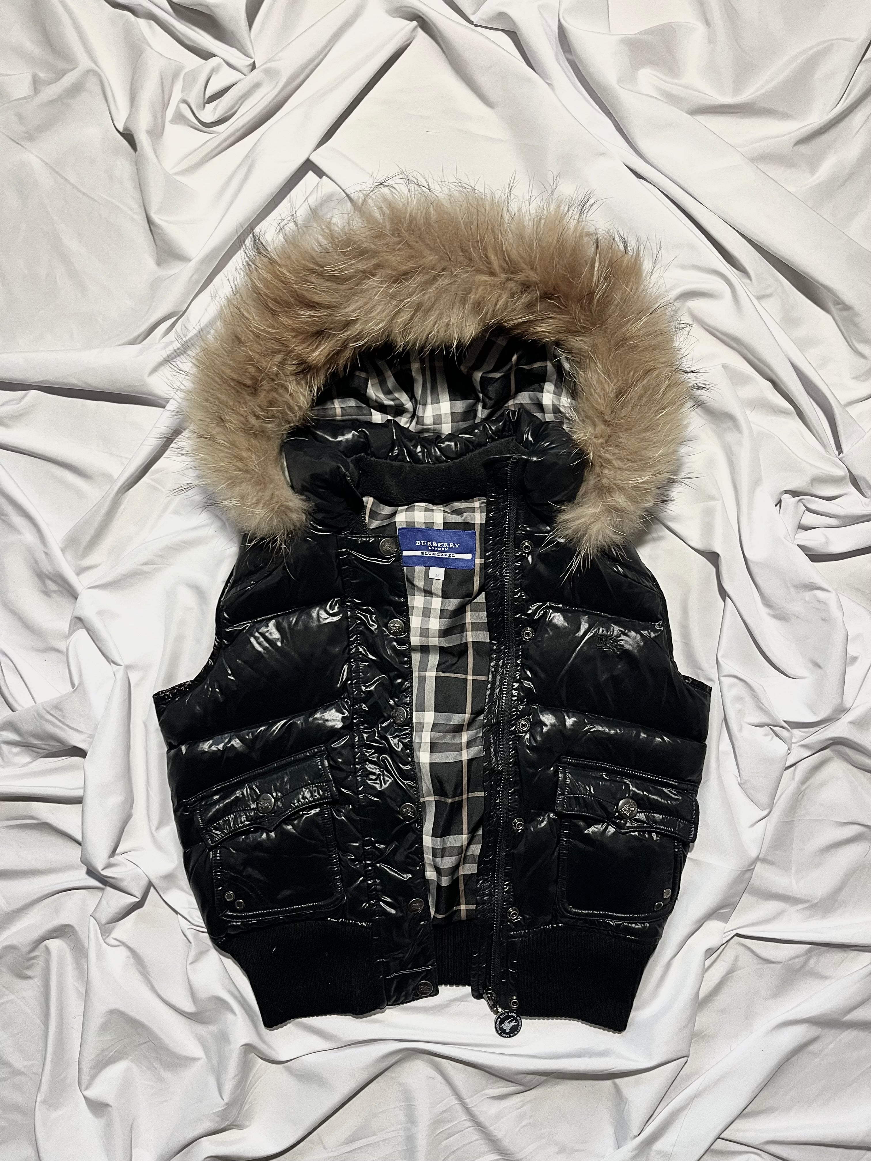 BURBERRY BLUE LABEL 2000S REAL FUR NOVA CHECK PUFFER DOWN VEST