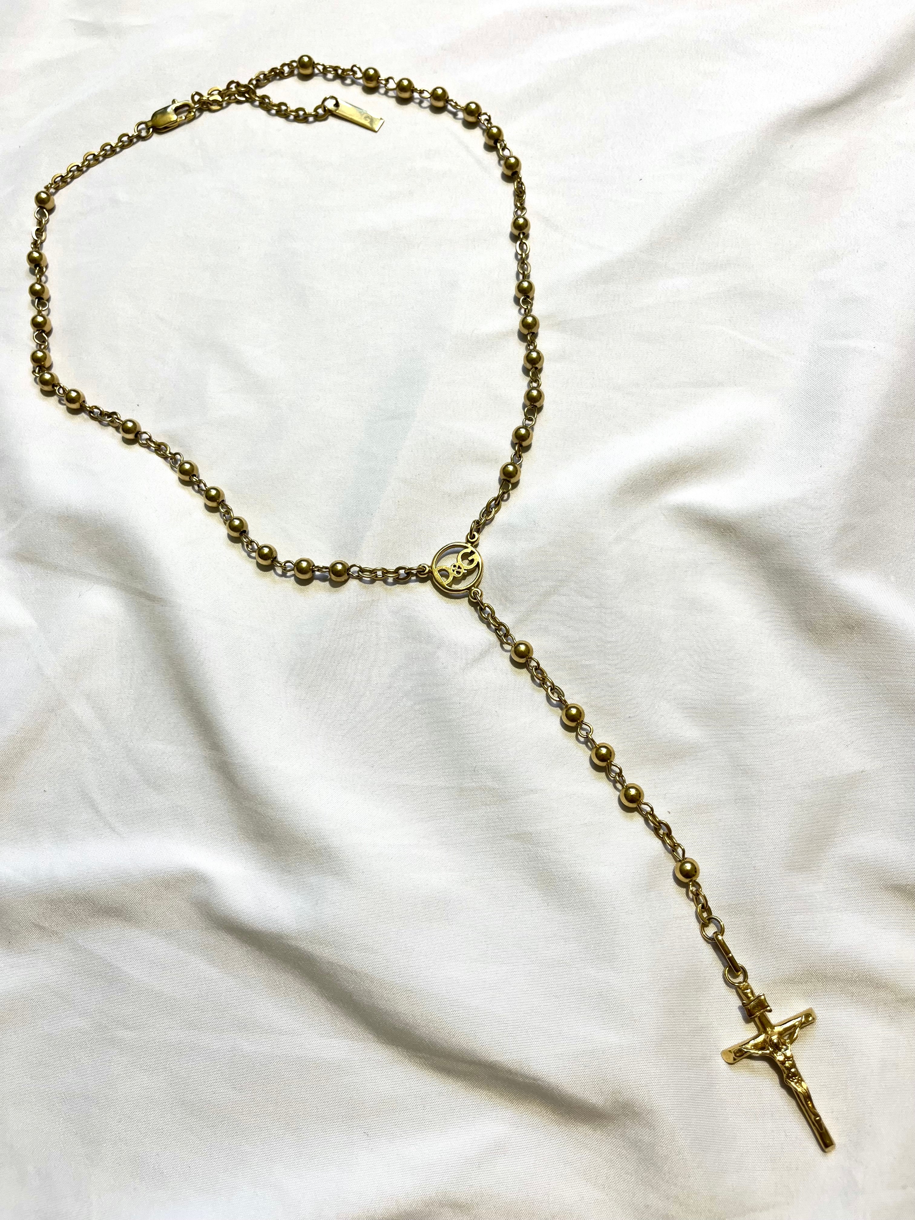 DOLCE & GABANNA GOLDEN SPELLOUT CHARM ROSARY JESUS CROSS NECKLACE