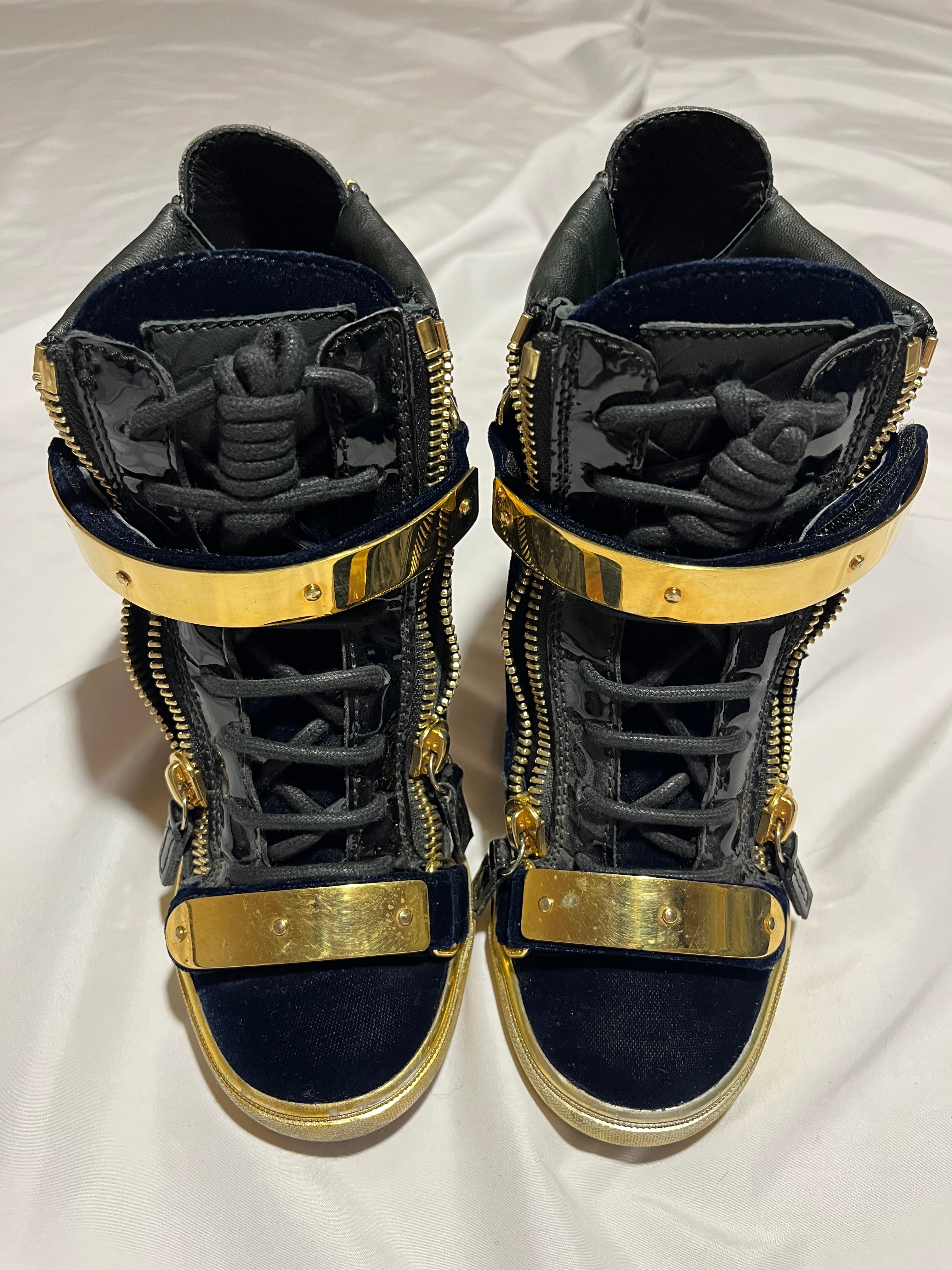 GIUSEPPE ZANOTTI 'COBY' DARK BLUE SATIN WEDGE SNEAKERS IN 36