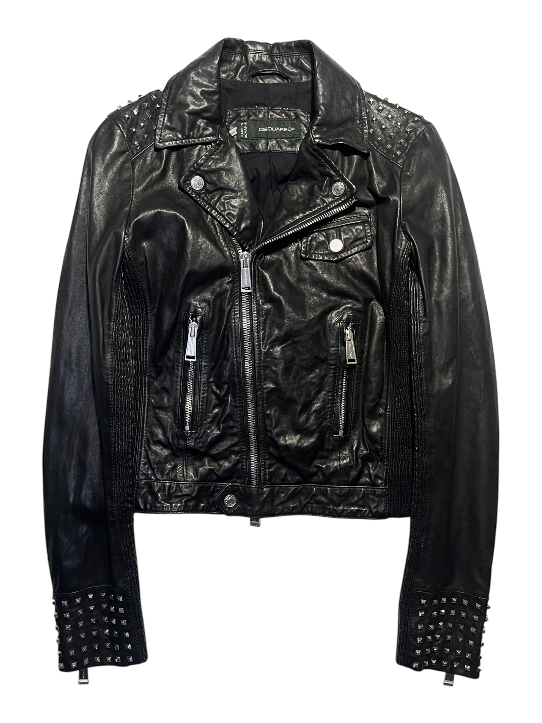 DSQUARED2 STUDDED PERFECTO BIKER LEATHER JACKET IN SIZE 40