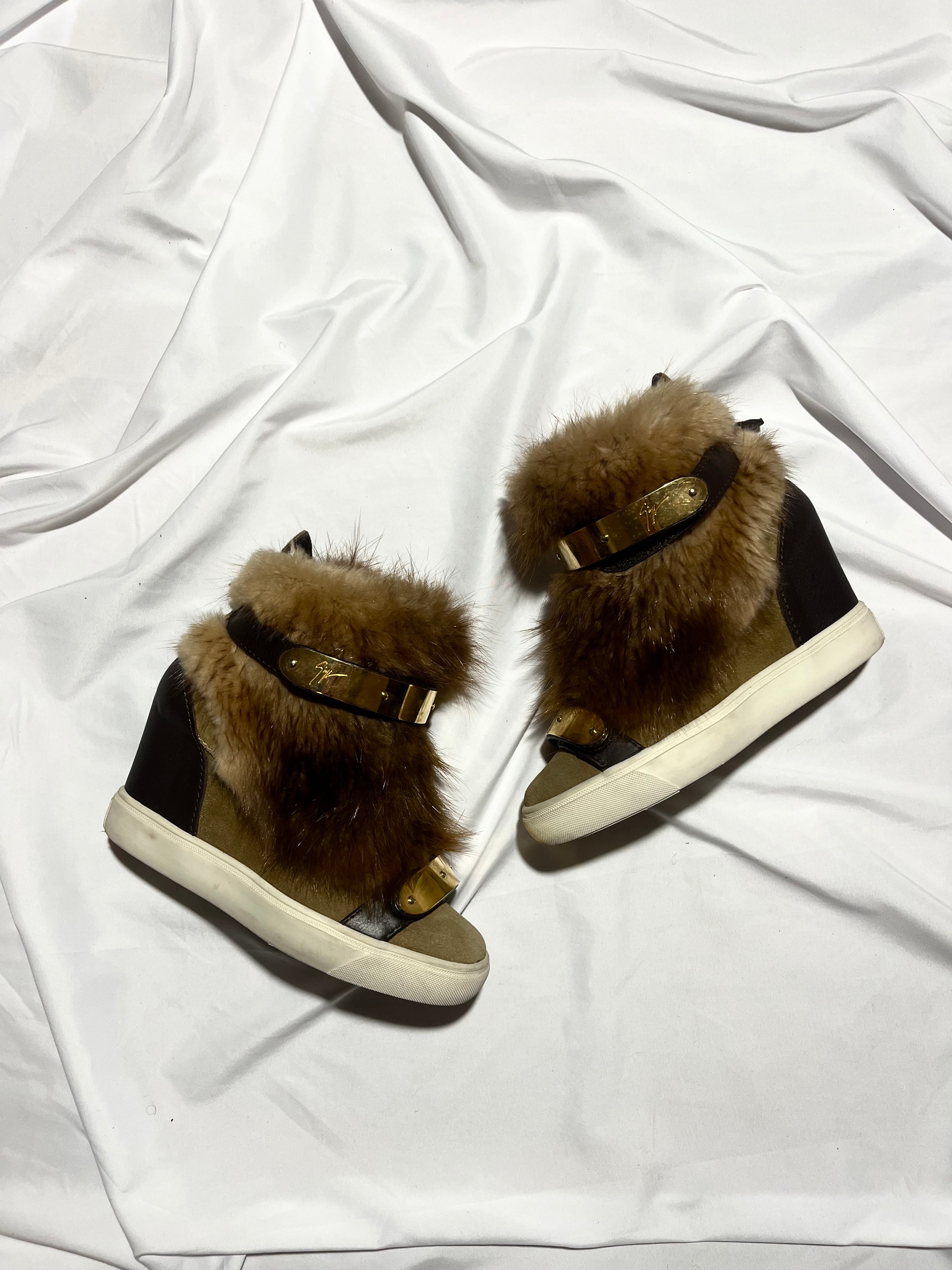 GIUSEPPE ZANOTTI 'COBY' BROWN/GOLD FUR WEDGE SNEAKERS IN 35
