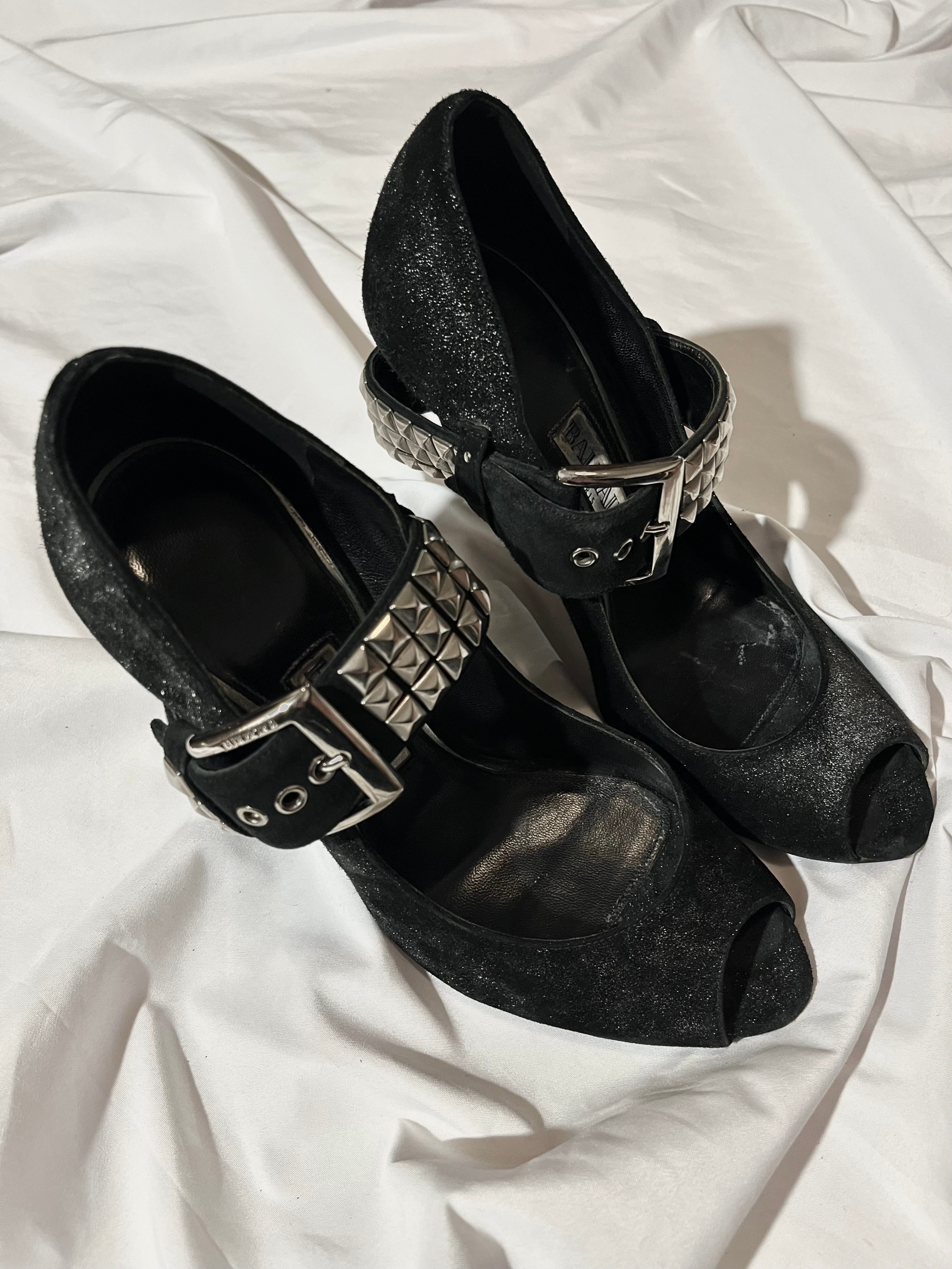 BALMAIN SS11 BELTED GLITTER HEELS BY CHRISTOPHE DECARNIN IN 38