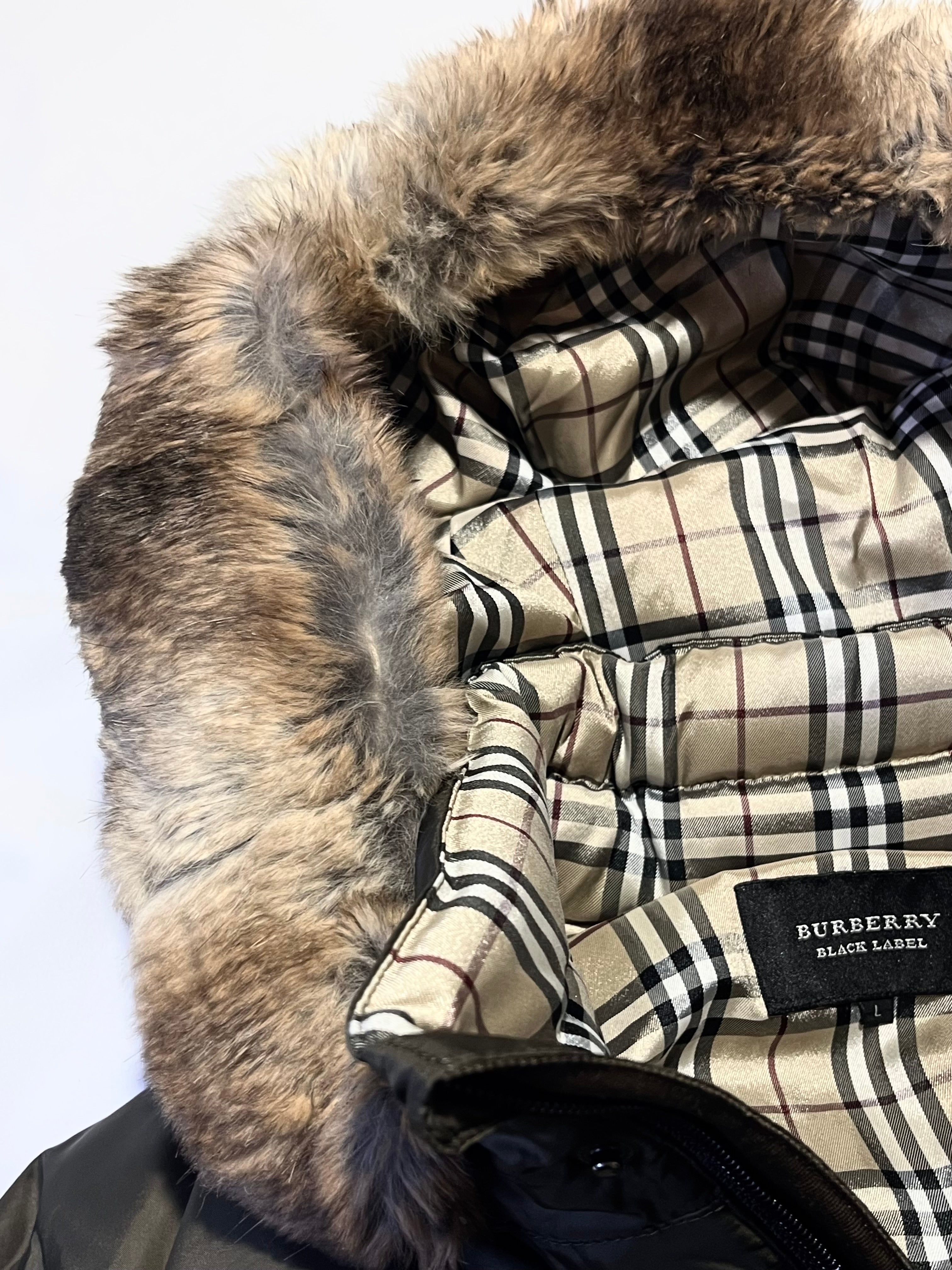 BURBERRY BLACK LABEL 2009 DARK GREEN REAL FUR OG NOVA CHECK PUFFER DOWN JACKET