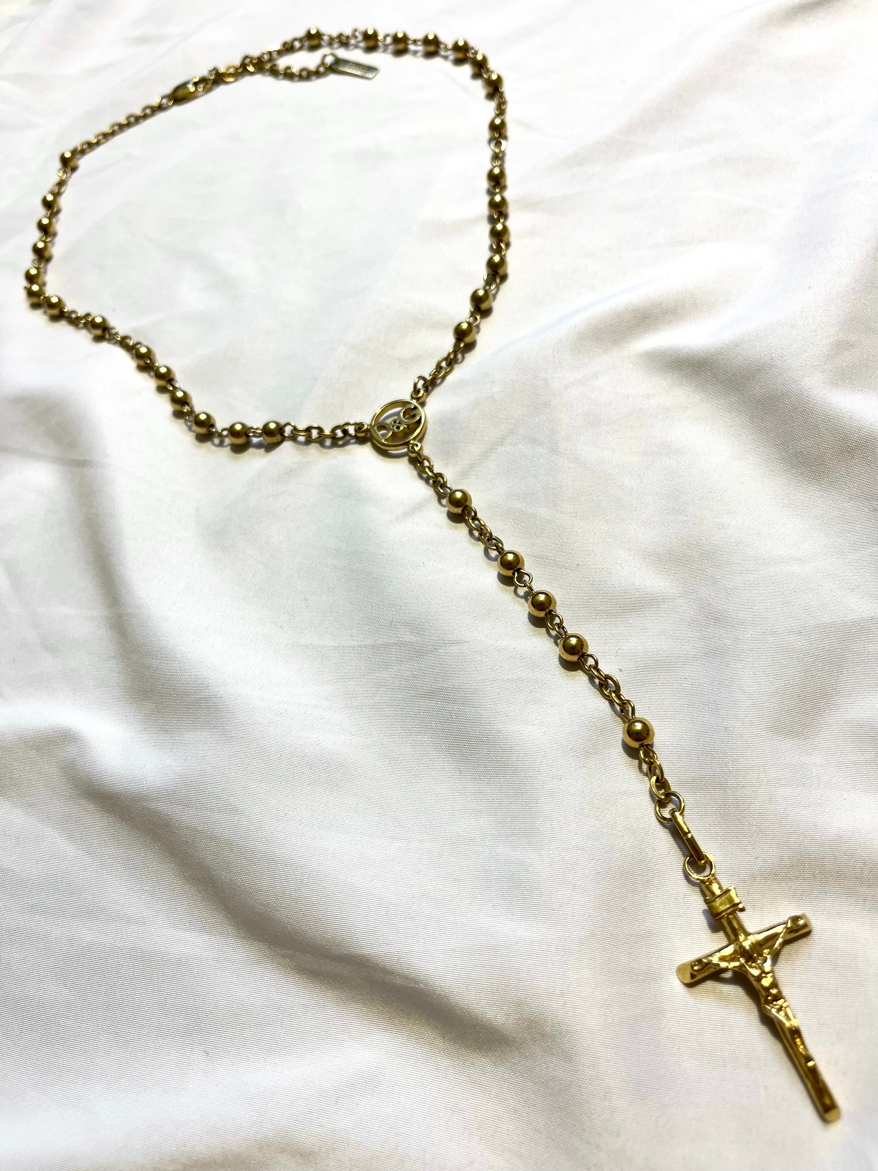 DOLCE & GABANNA GOLDEN SPELLOUT CHARM ROSARY JESUS CROSS NECKLACE