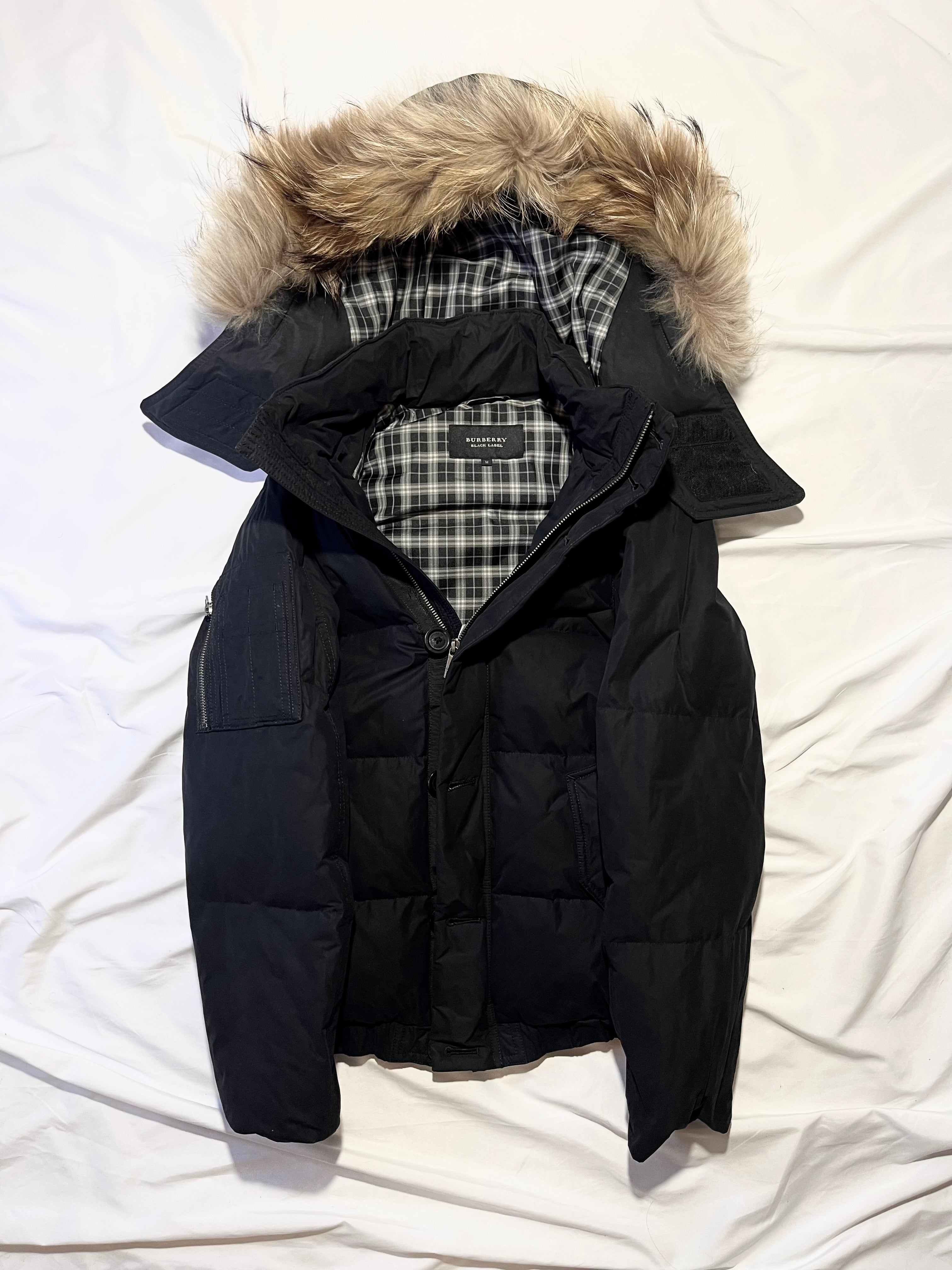 BURBERRY BLACK LABEL 2009 REAL FUR NOVA CHECK PUFFER DOWN JACKET