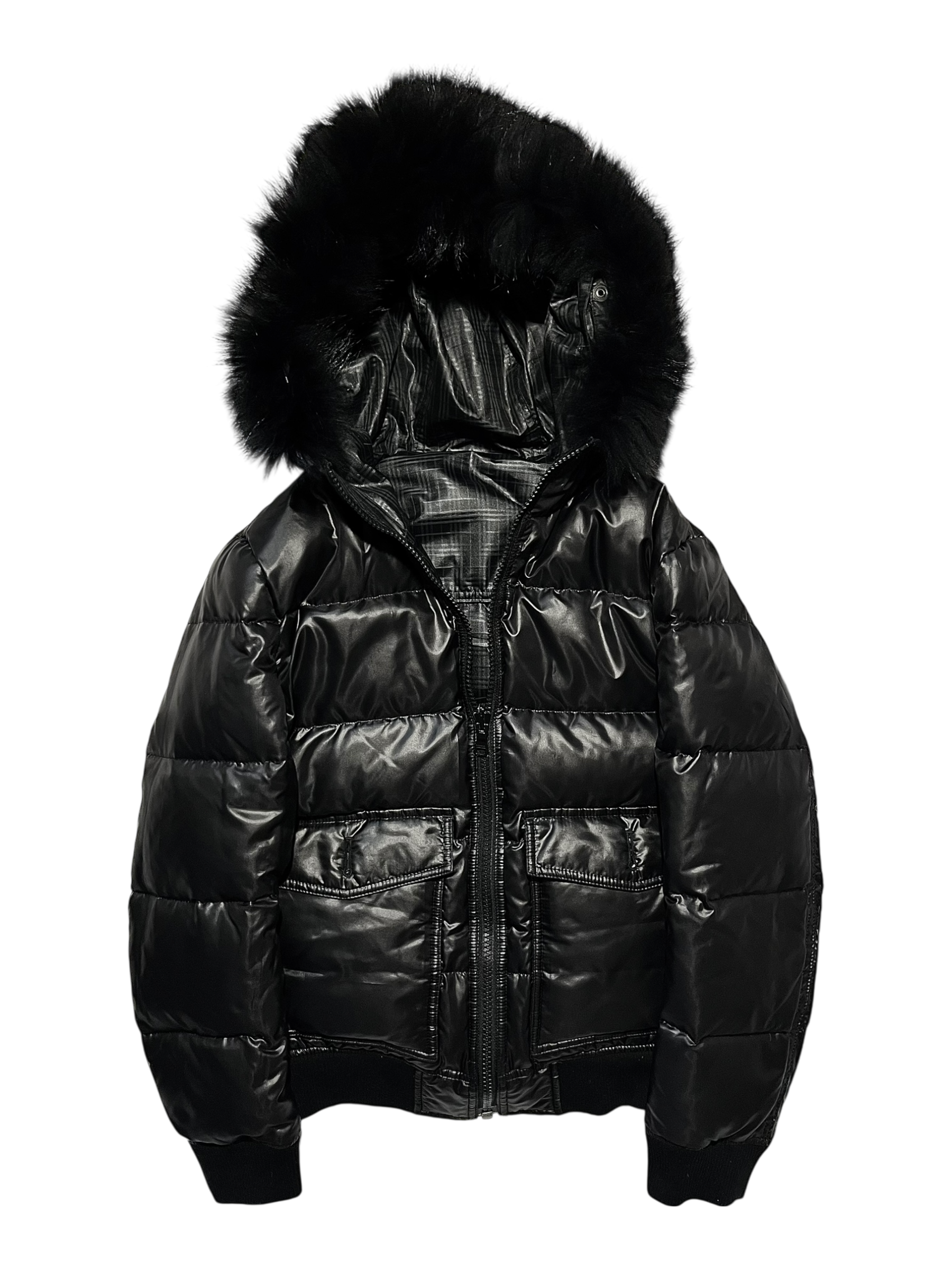 BURBERRY BLACK LABEL 2009 REAL FUR NOVA CHECK REVERSIBLE PUFFER DOWN JACKET