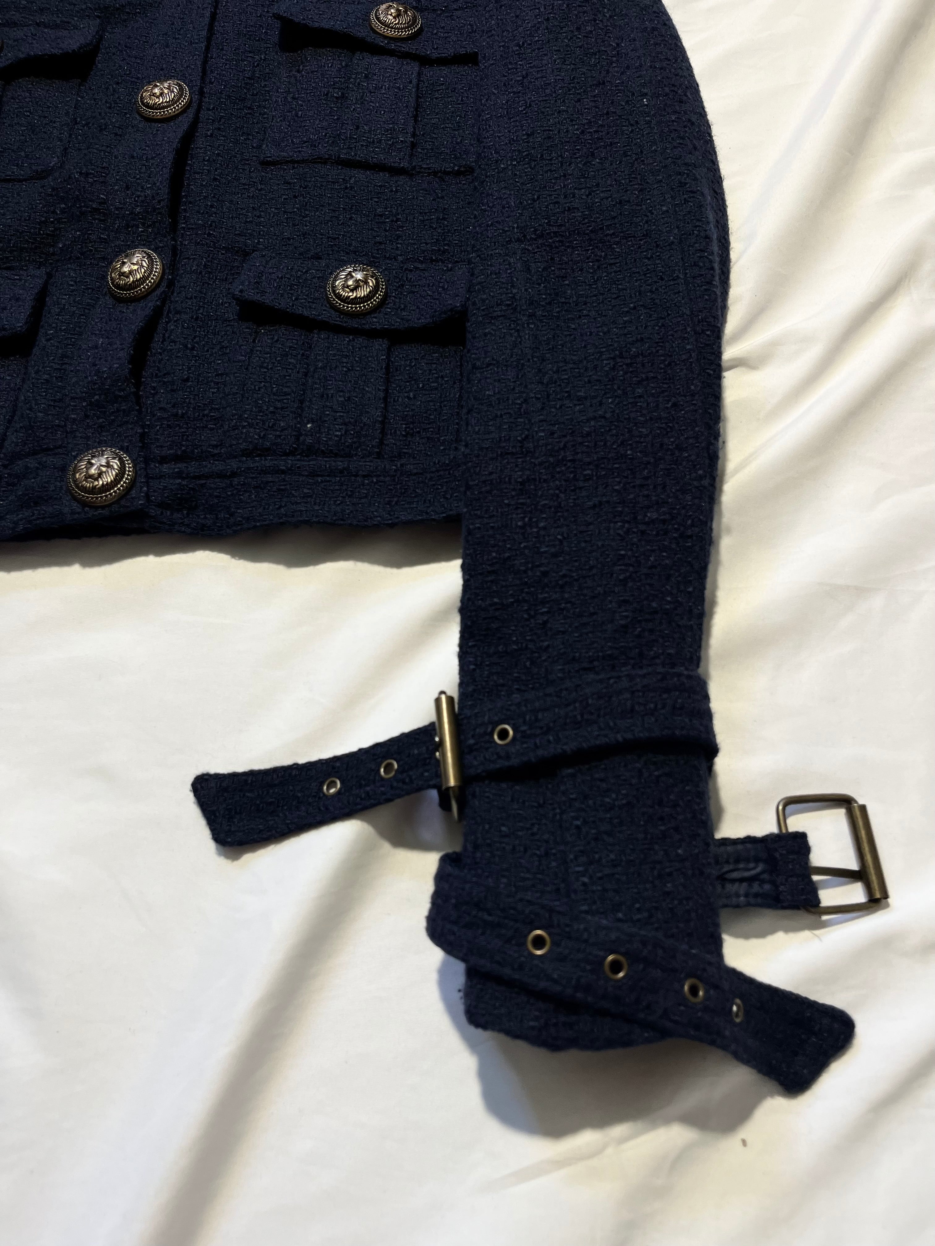 BALMAIN MILITARY STRAP TWEED JACKET IN NAVY