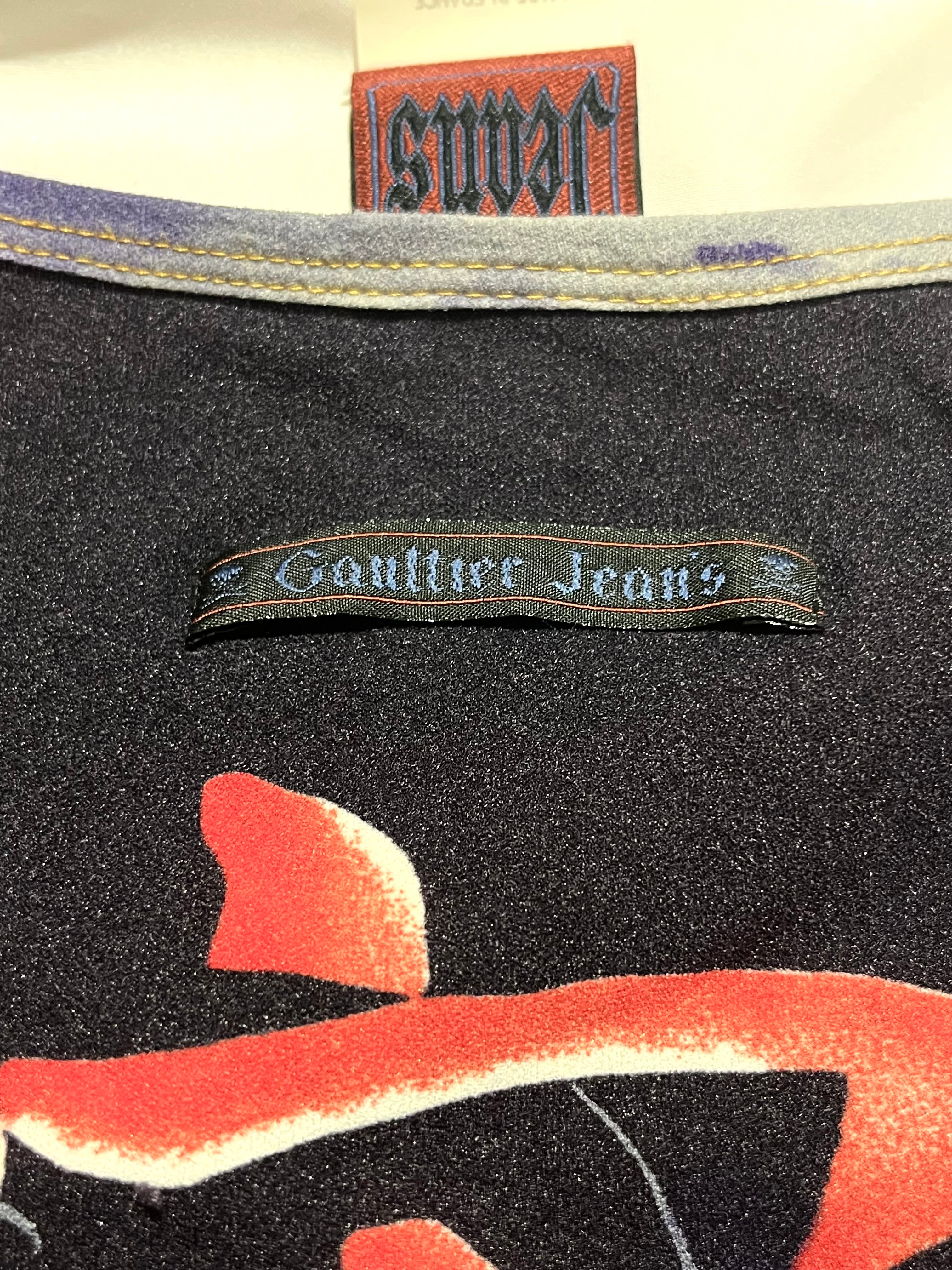 JEAN PAUL GAULTIER CHINESE CHARACTERS SPELLOUT BLUE/DARK RED VINTAGE TOP