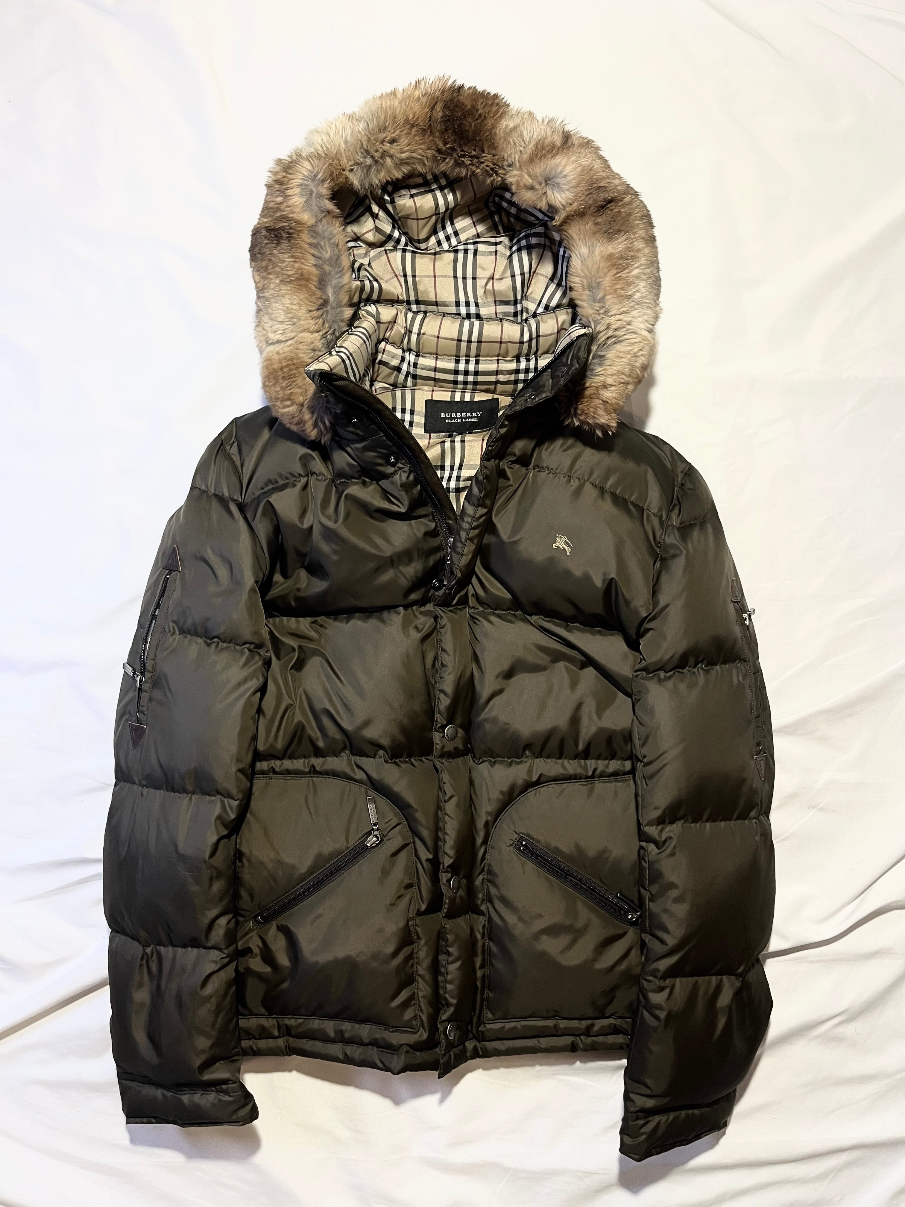 BURBERRY BLACK LABEL 2009 DARK GREEN REAL FUR OG NOVA CHECK PUFFER DOWN JACKET