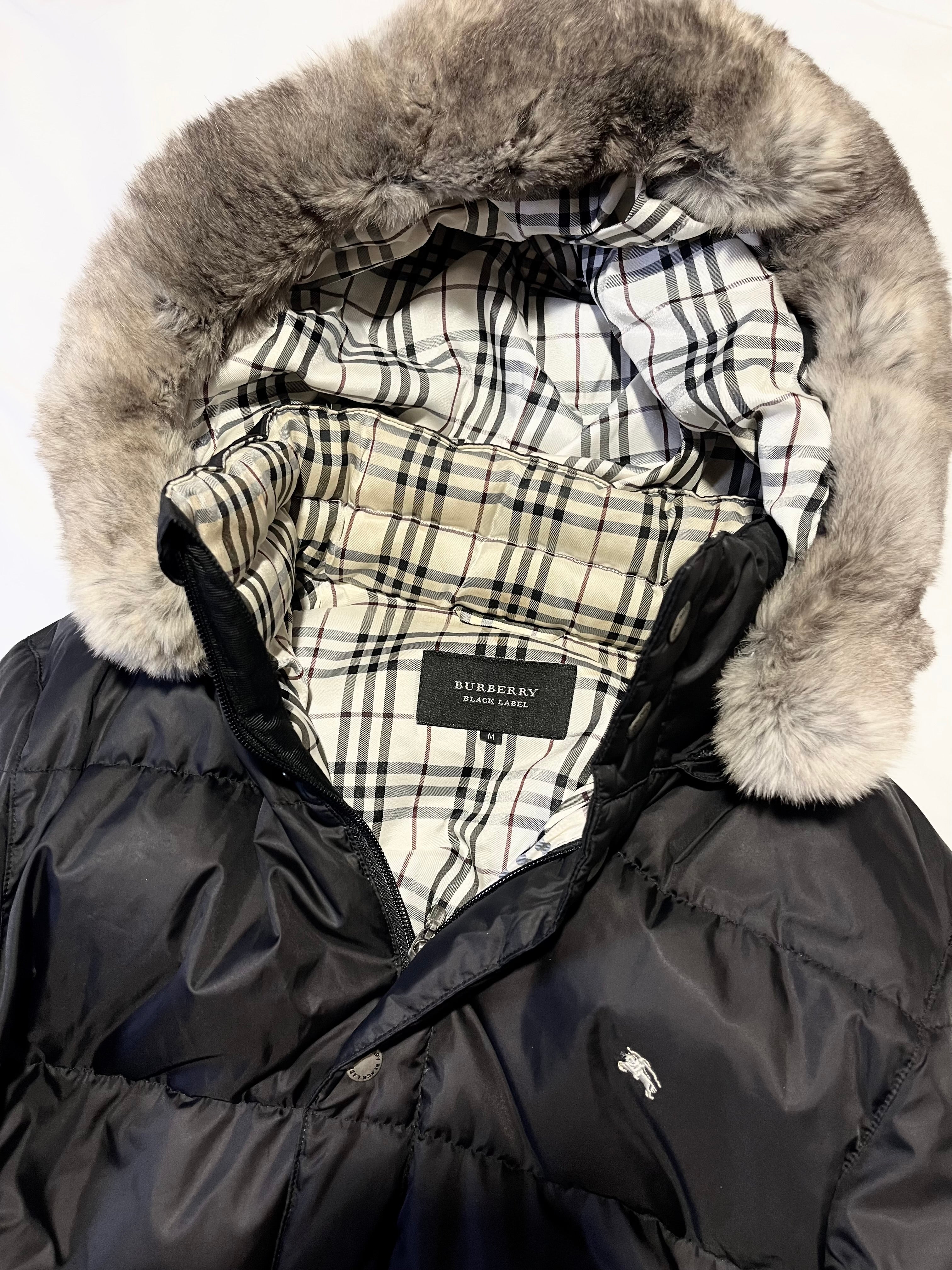 BURBERRY BLACK LABEL 2009 BLACK REAL FUR OG NOVA CHECK PUFFER DOWN JACKET