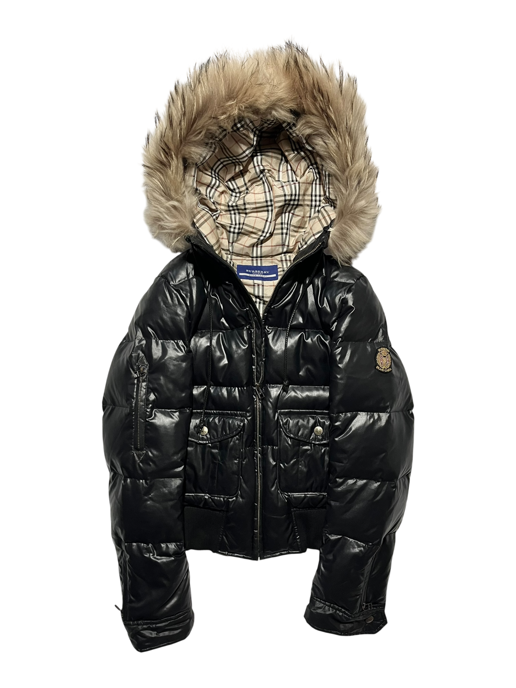 BURBERRY BLUE LABEL 2009 REAL FUR NOVA CHECK PUFFER DOWN JACKET