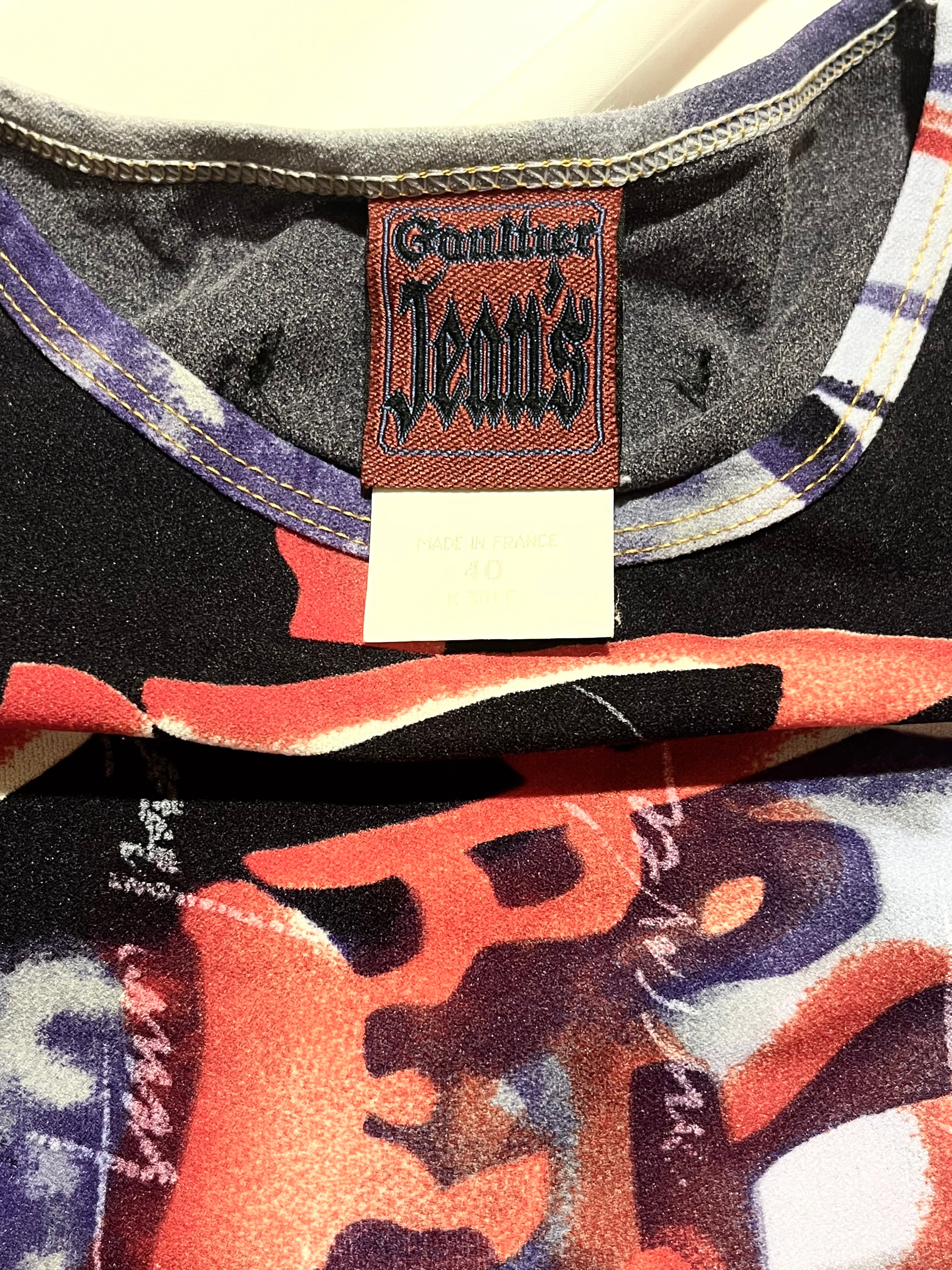 JEAN PAUL GAULTIER CHINESE CHARACTERS SPELLOUT BLUE/DARK RED VINTAGE TOP