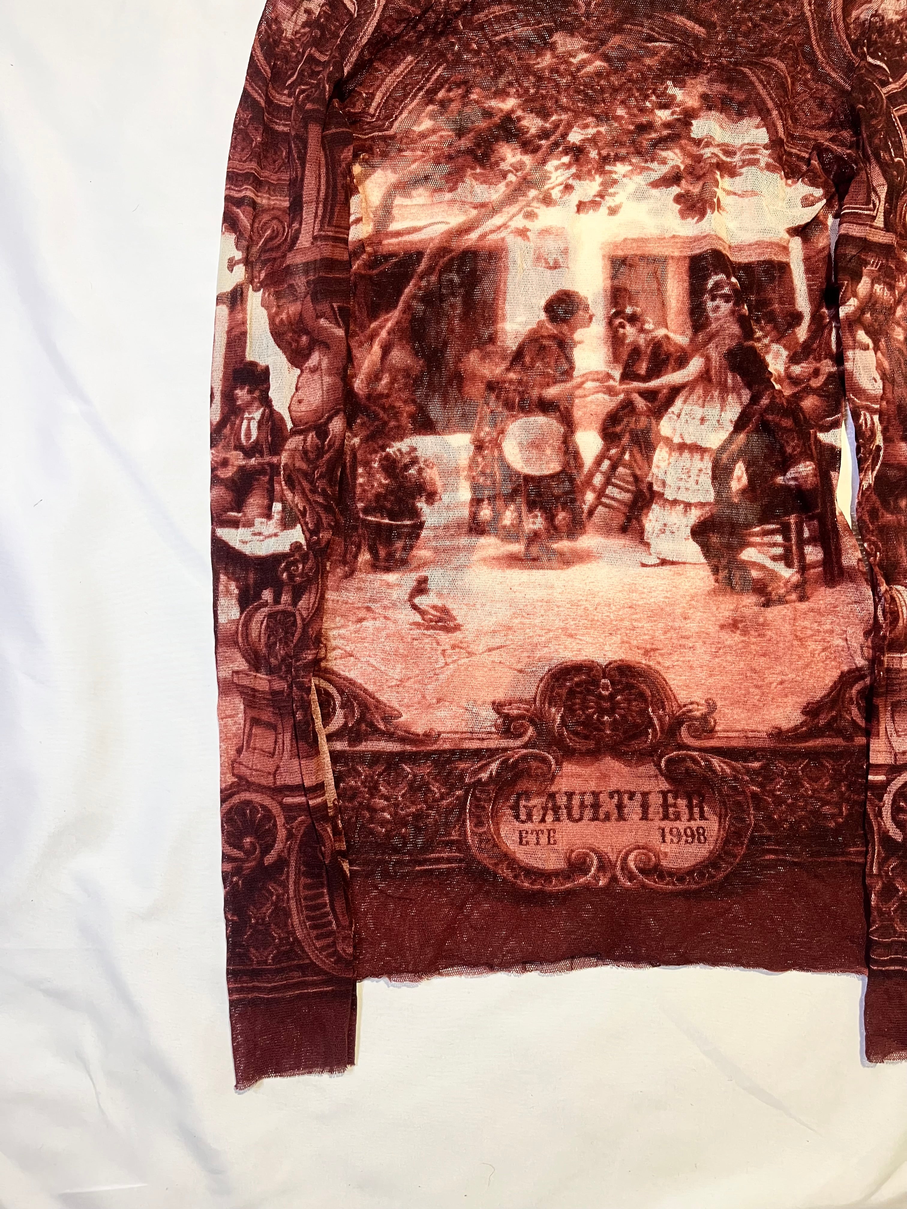 JEAN PAUL GAULTIER 'ETE 1998' FALL VILLAGE PAINTING DARK RED VINTAGE MESH TOP