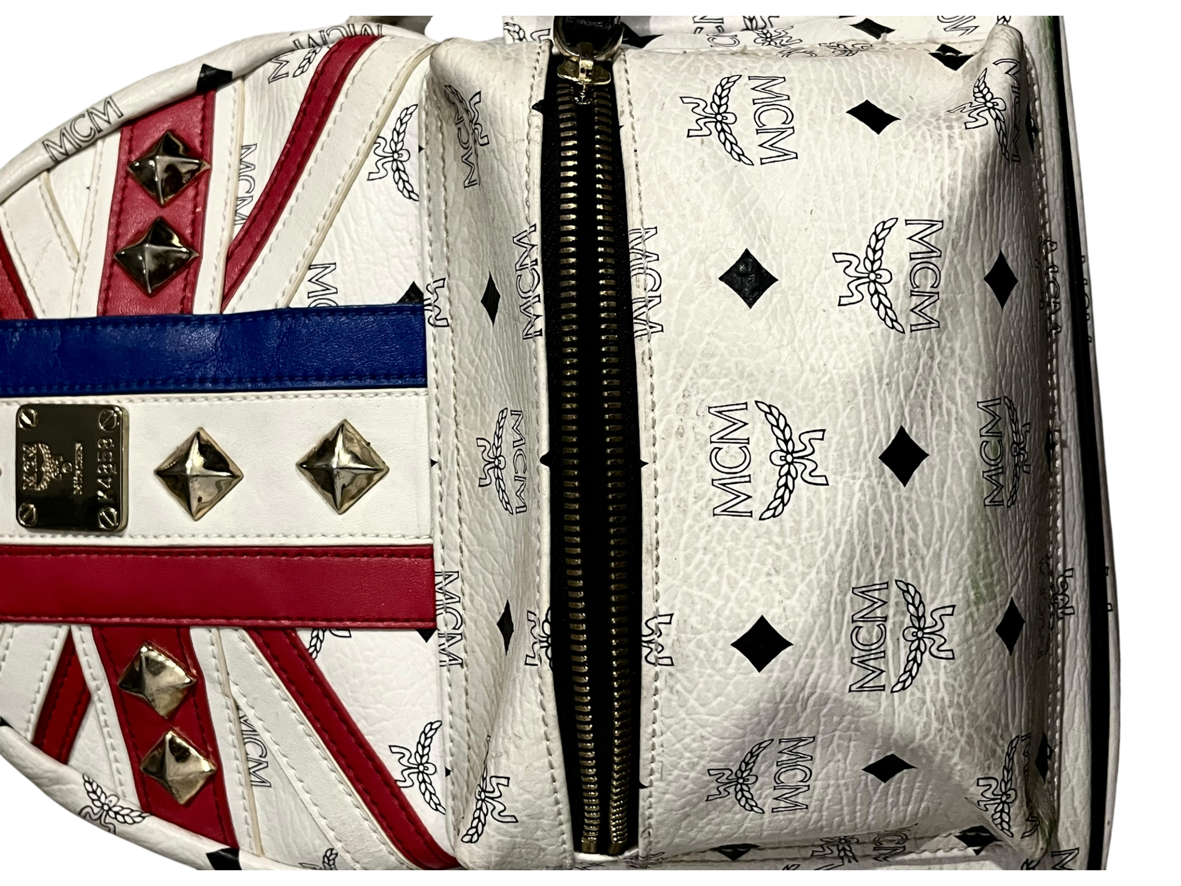 MCM WHITE LEATHER BACKPACK UNION JACK GOLDEN HARDWARE MINI VERSION