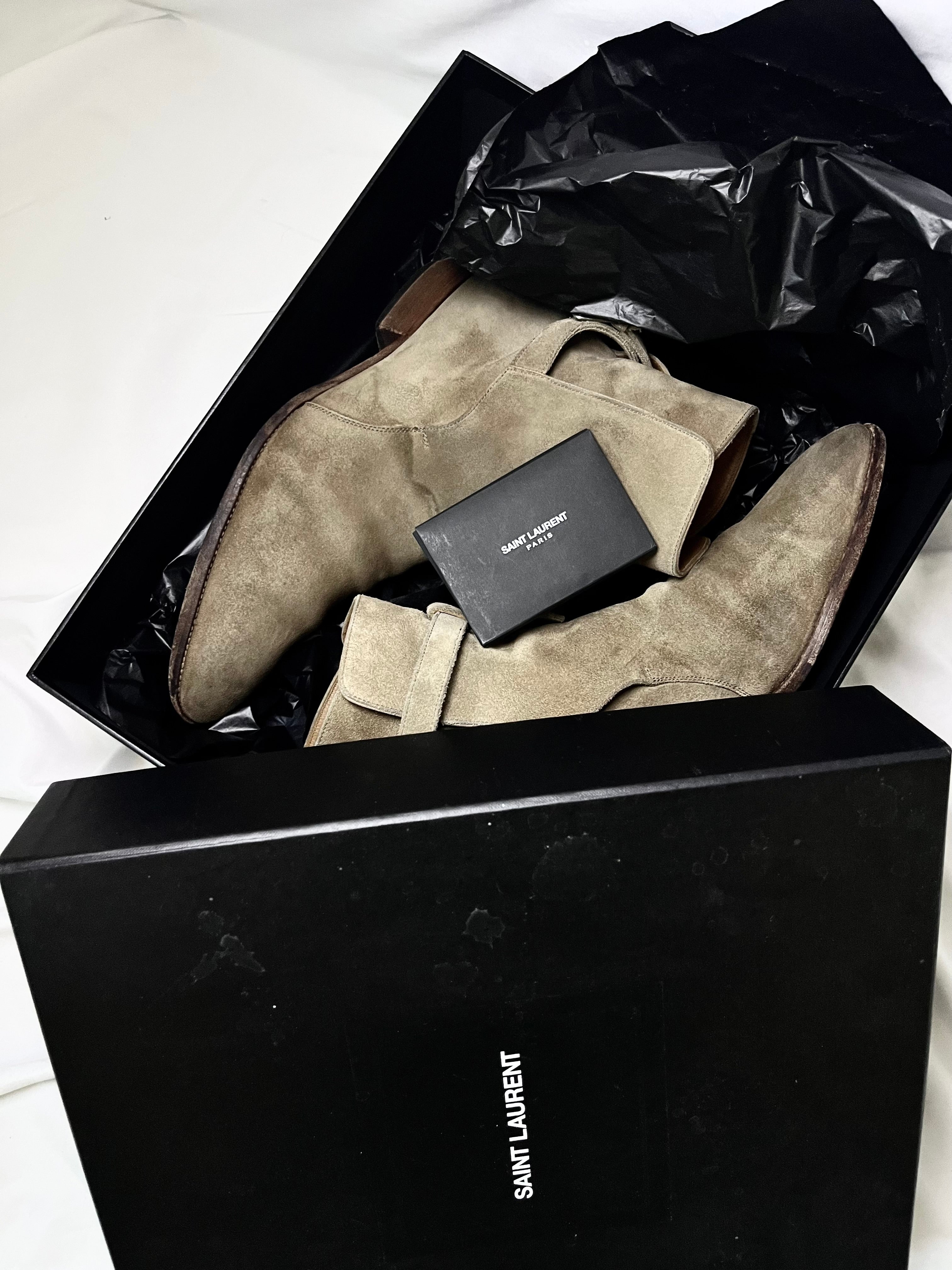 SAINT LAURENT PARIS KHAKI SUEDE LEATHER "JODHPUR" STRAP BOOTS IN 42