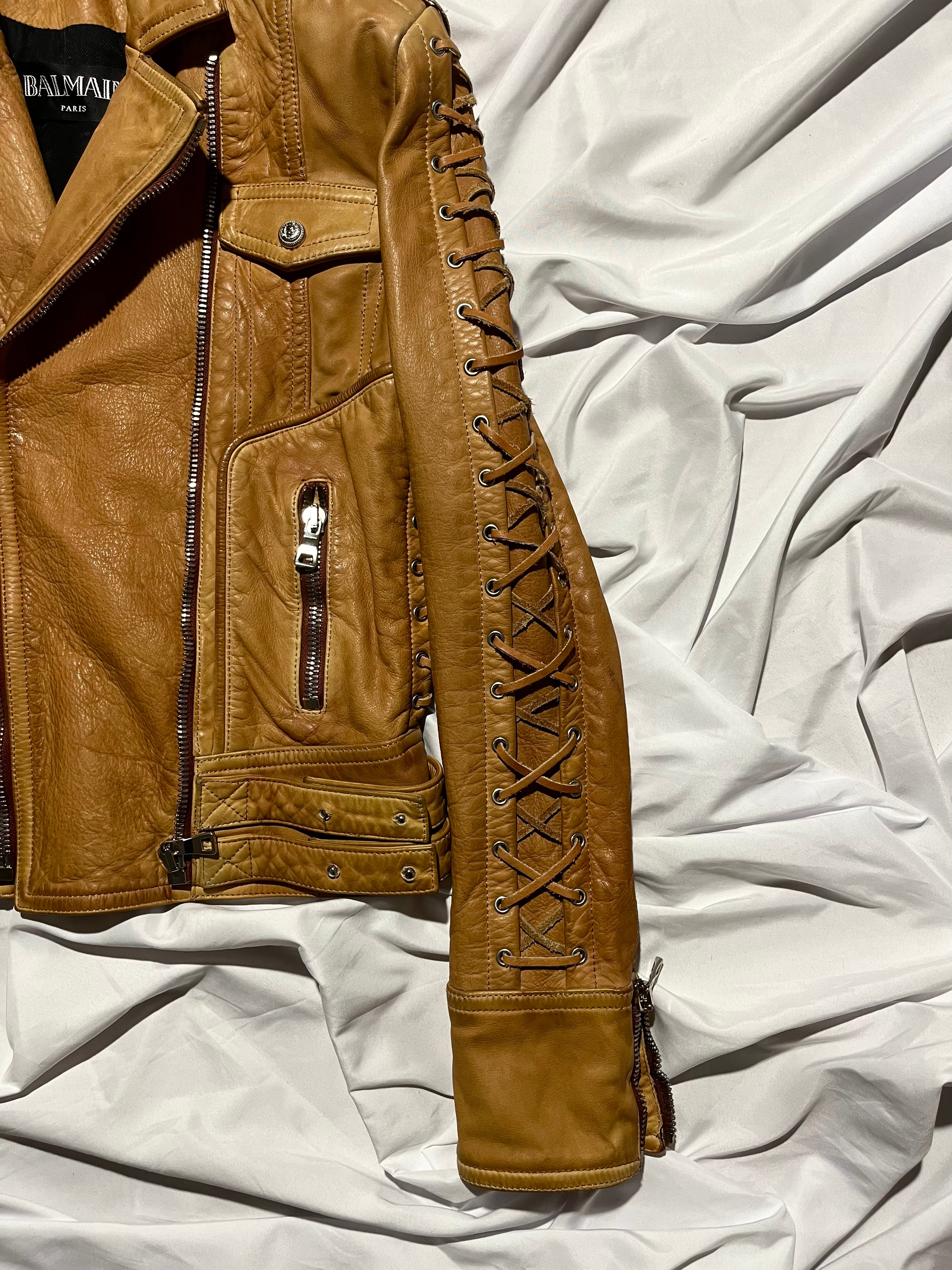 BALMAIN STITCHED SLEEVES PERFECTO BIKER JACKET IN 36 BY OLIVIER ROUSTEING