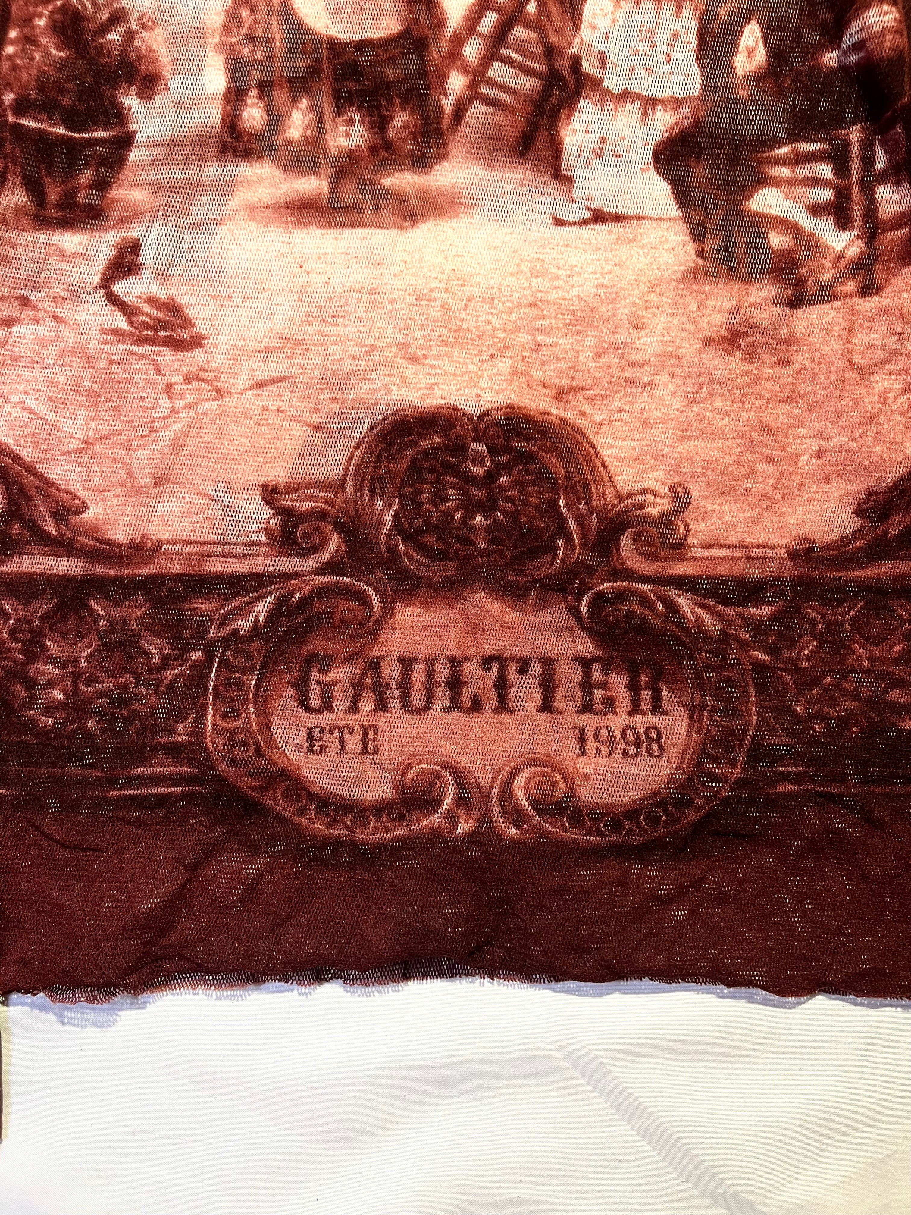 JEAN PAUL GAULTIER 'ETE 1998' FALL VILLAGE PAINTING DARK RED VINTAGE MESH TOP
