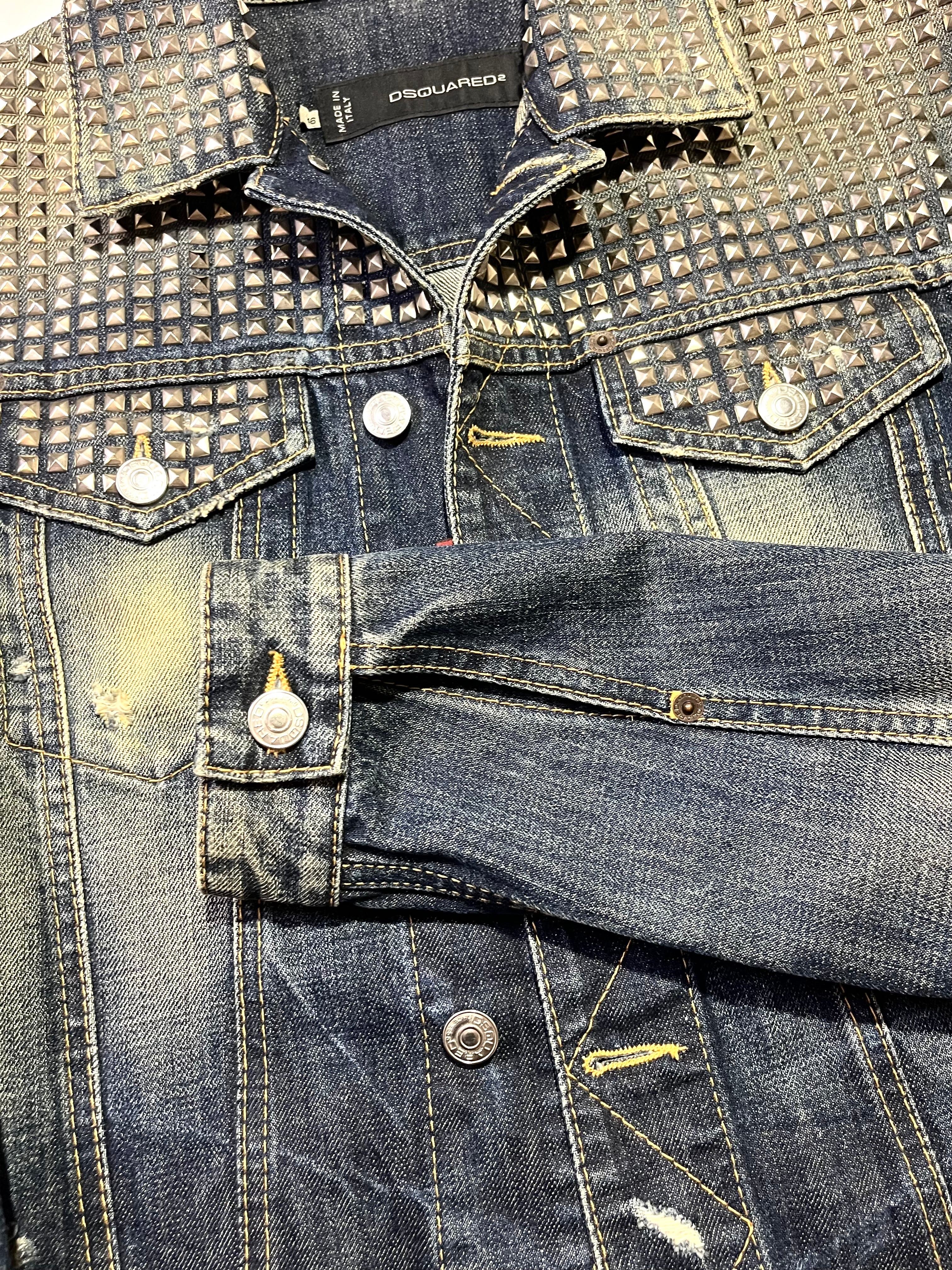 DSQUARED2 STUDDED DENIM TRUCKER JACKET IN SIZE 46