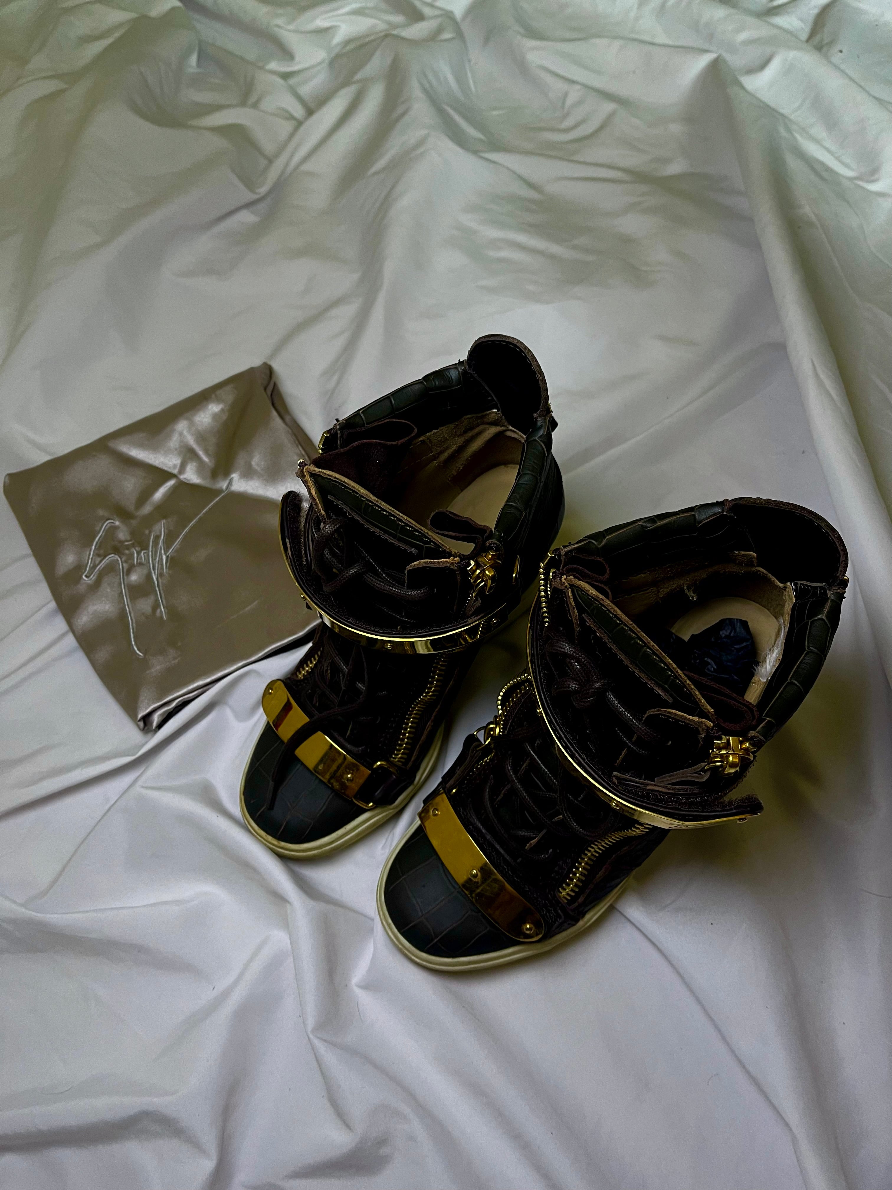GIUSEPPE ZANOTTI “COBY” WEDGE SNEAKERS SNAKESKIN GREEN/GOLD