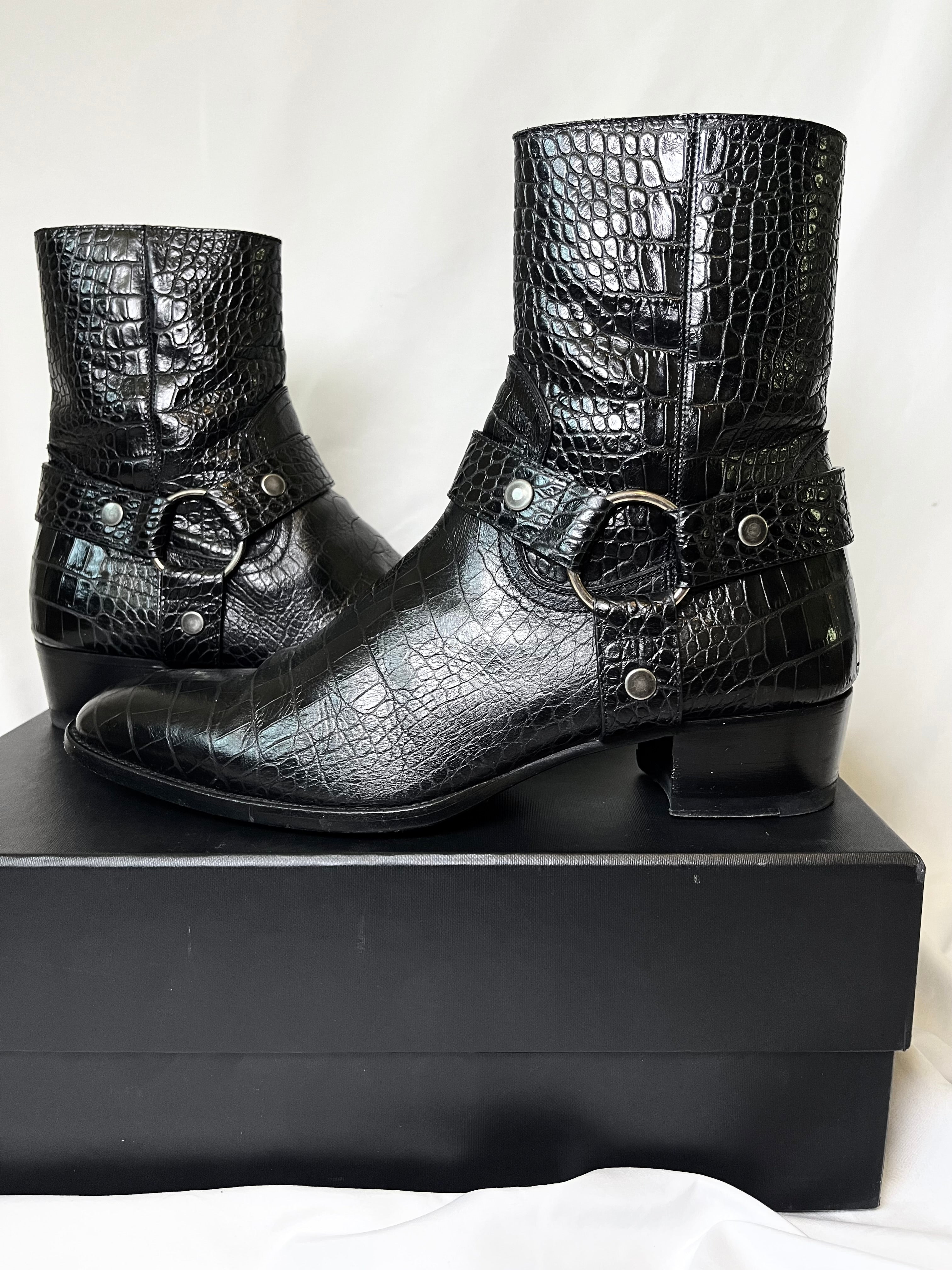 SAINT LAURENT PARIS CROCODILE LEATHER "WYATT" 40MM HARNESS BOOTS