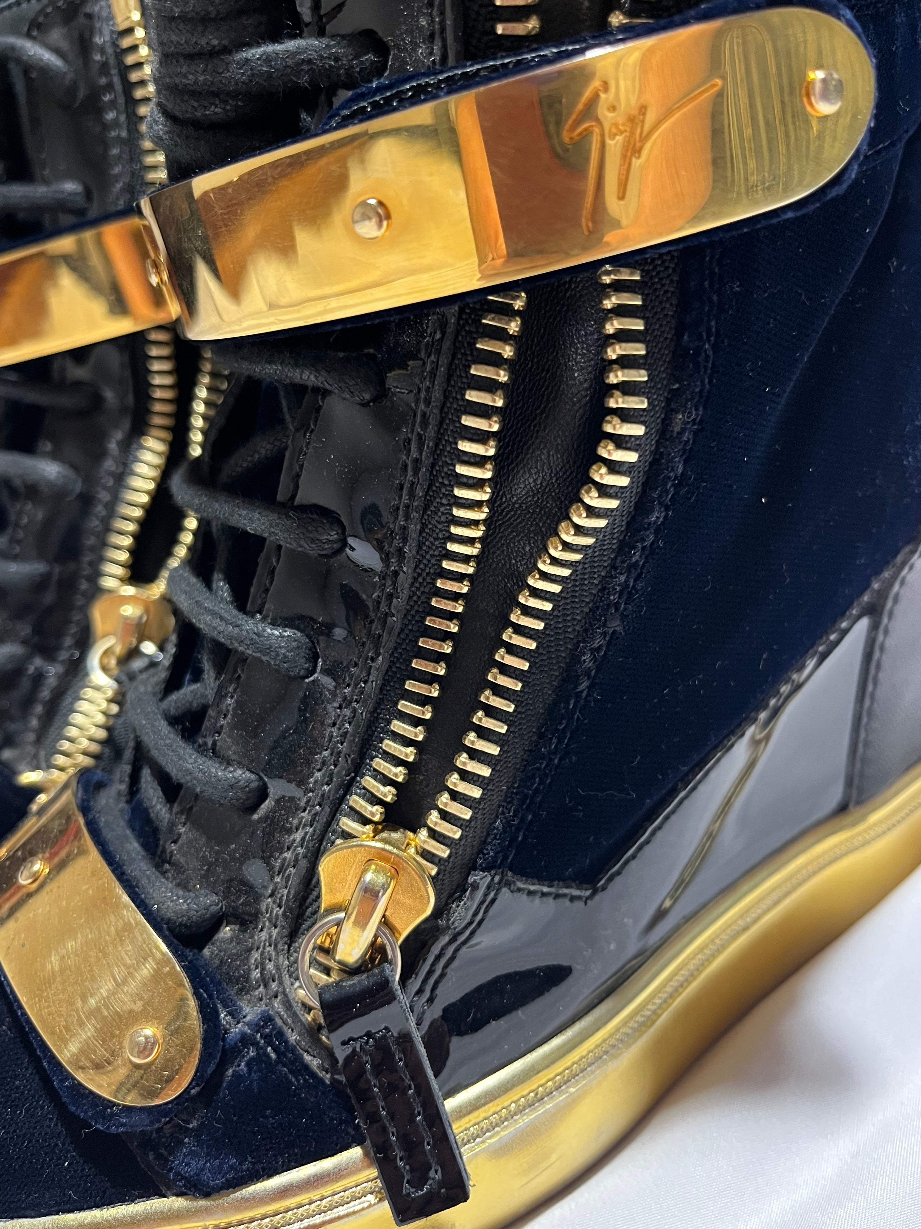 GIUSEPPE ZANOTTI 'COBY' DARK BLUE SATIN WEDGE SNEAKERS IN 36