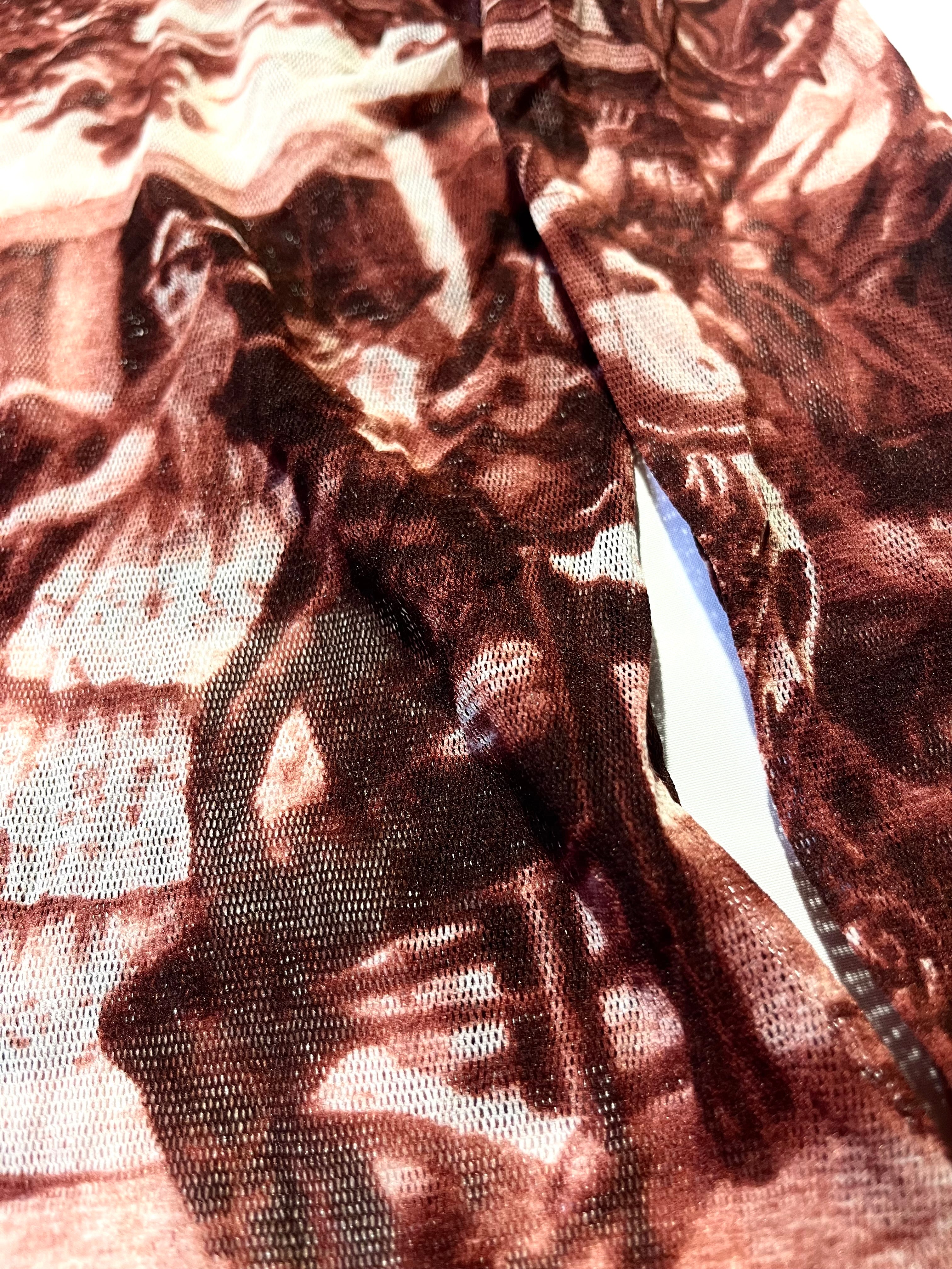 JEAN PAUL GAULTIER 'ETE 1998' FALL VILLAGE PAINTING DARK RED VINTAGE MESH TOP