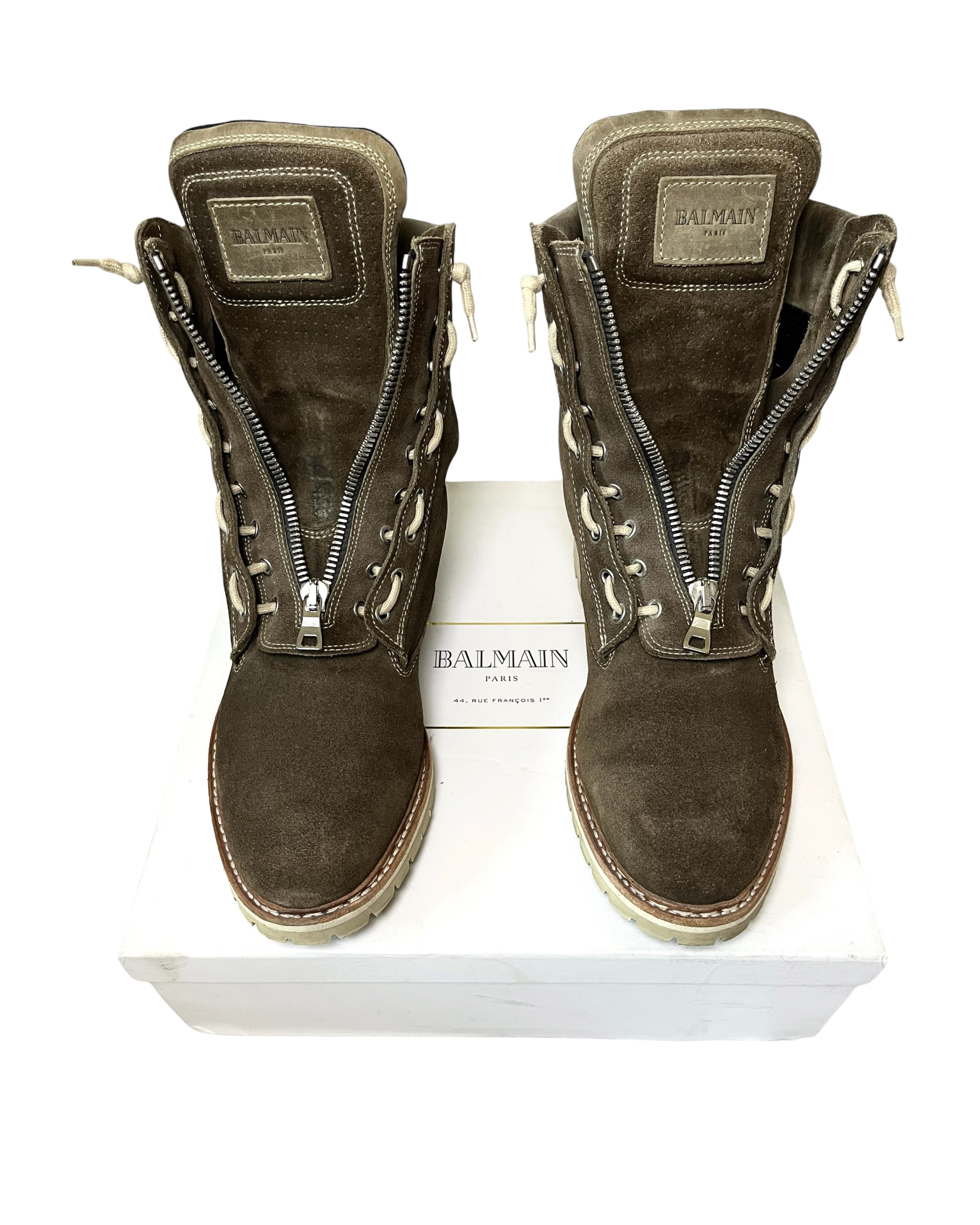 BALMAIN BROWN SUEDE ZIP RANGER BOOTS IN 45