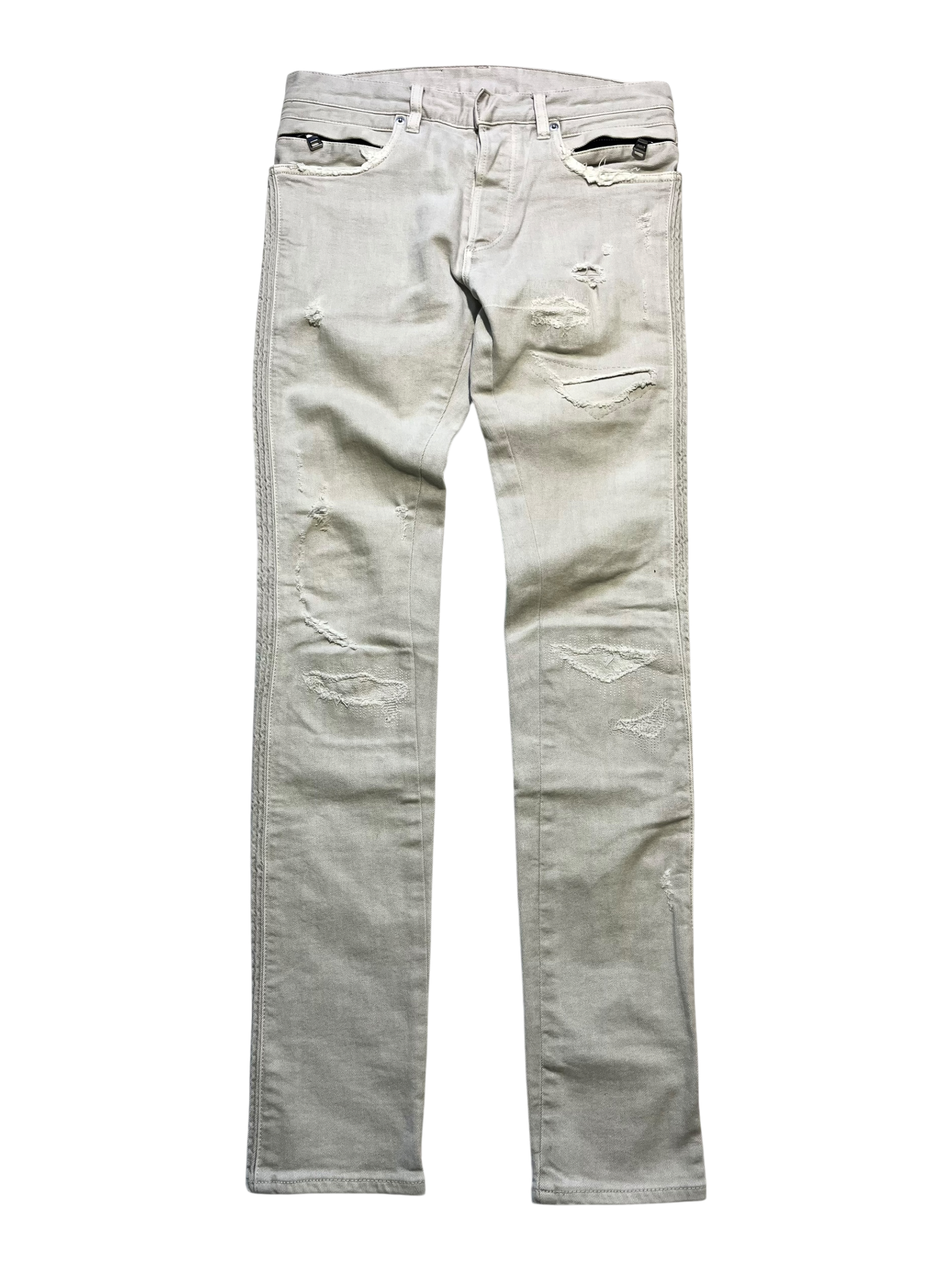 BALMAIN KHAKI DISTRESSED BIKER DENIM BY OLIVIER ROUSTEING IN W27
