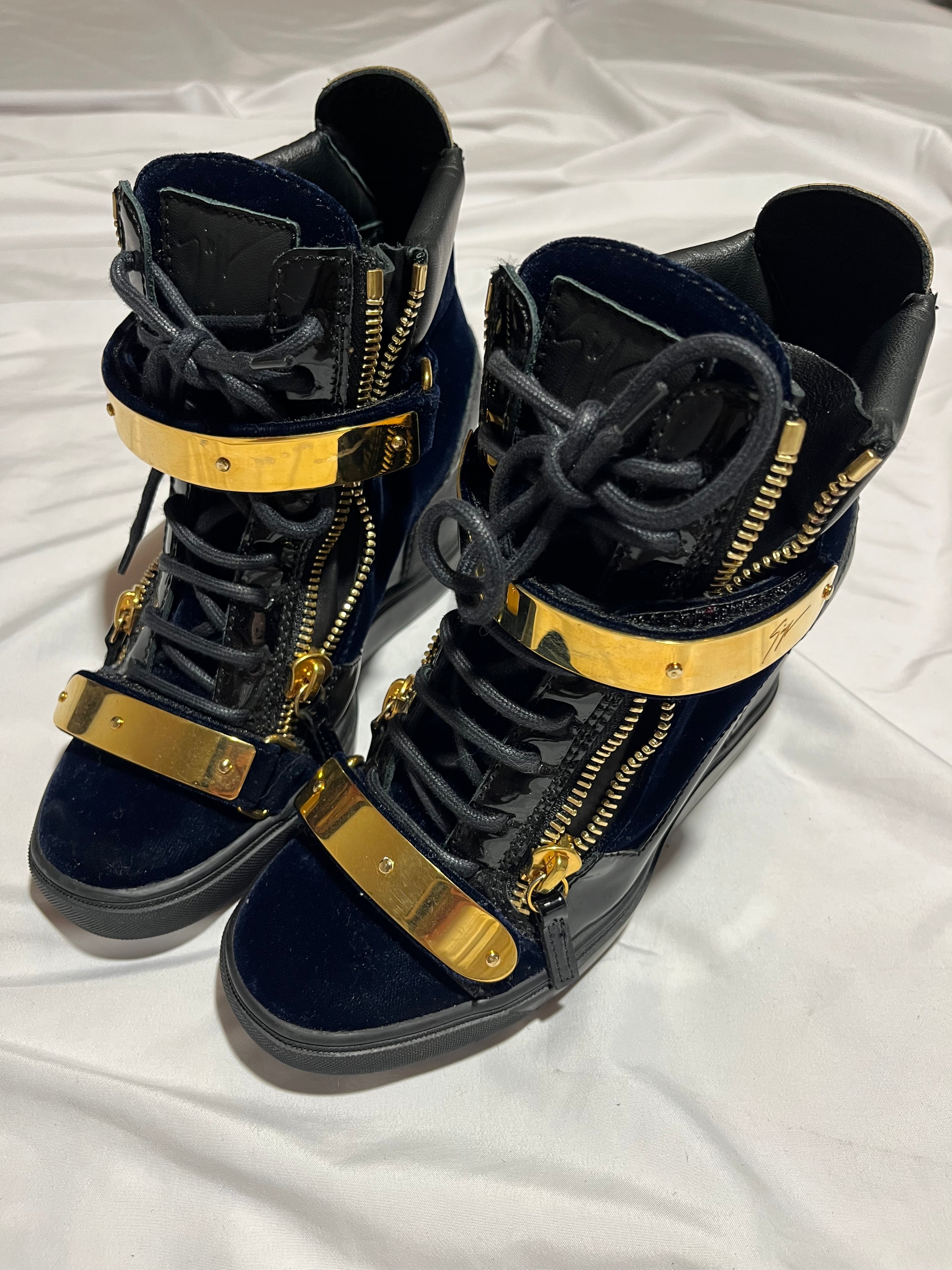 GIUSEPPE ZANOTTI 'COBY' DARK BLUE SATIN WEDGE SNEAKERS IN 38