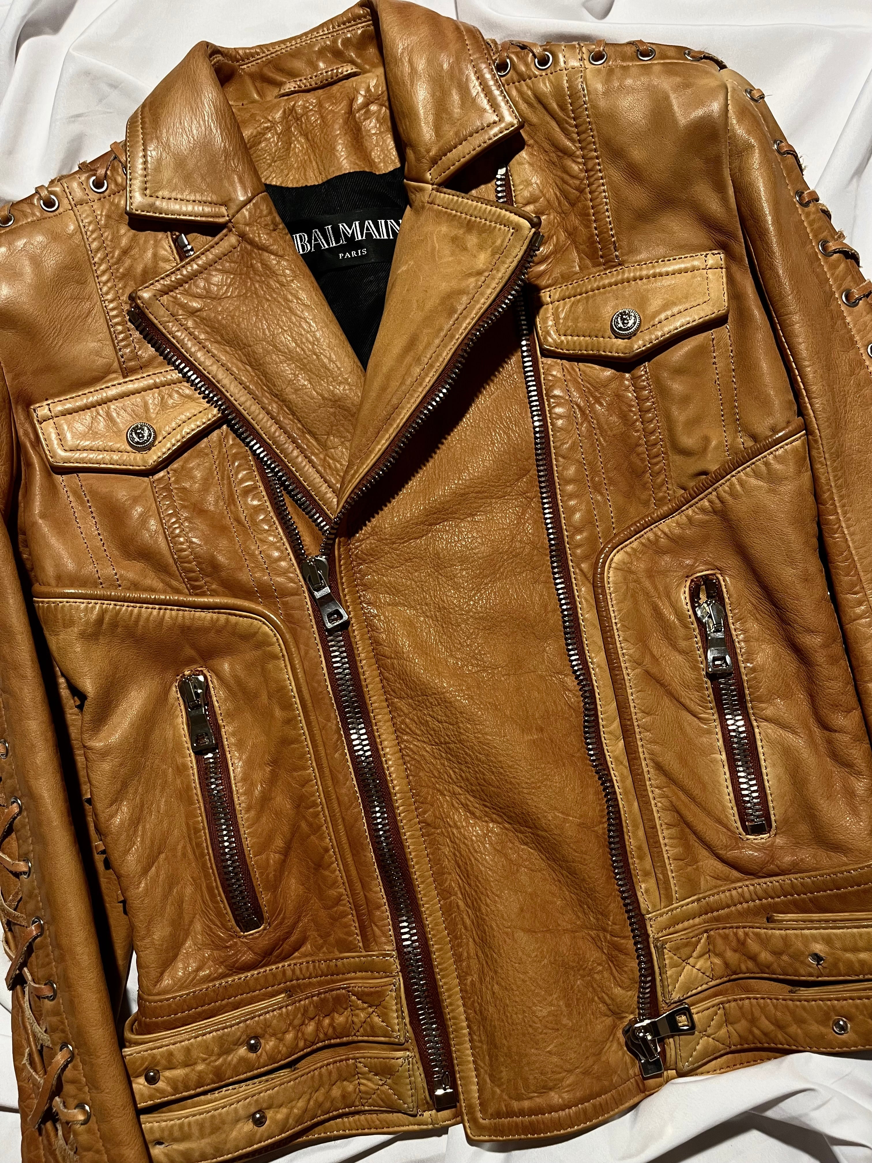 BALMAIN STITCHED SLEEVES PERFECTO BIKER JACKET IN 36 BY OLIVIER ROUSTEING