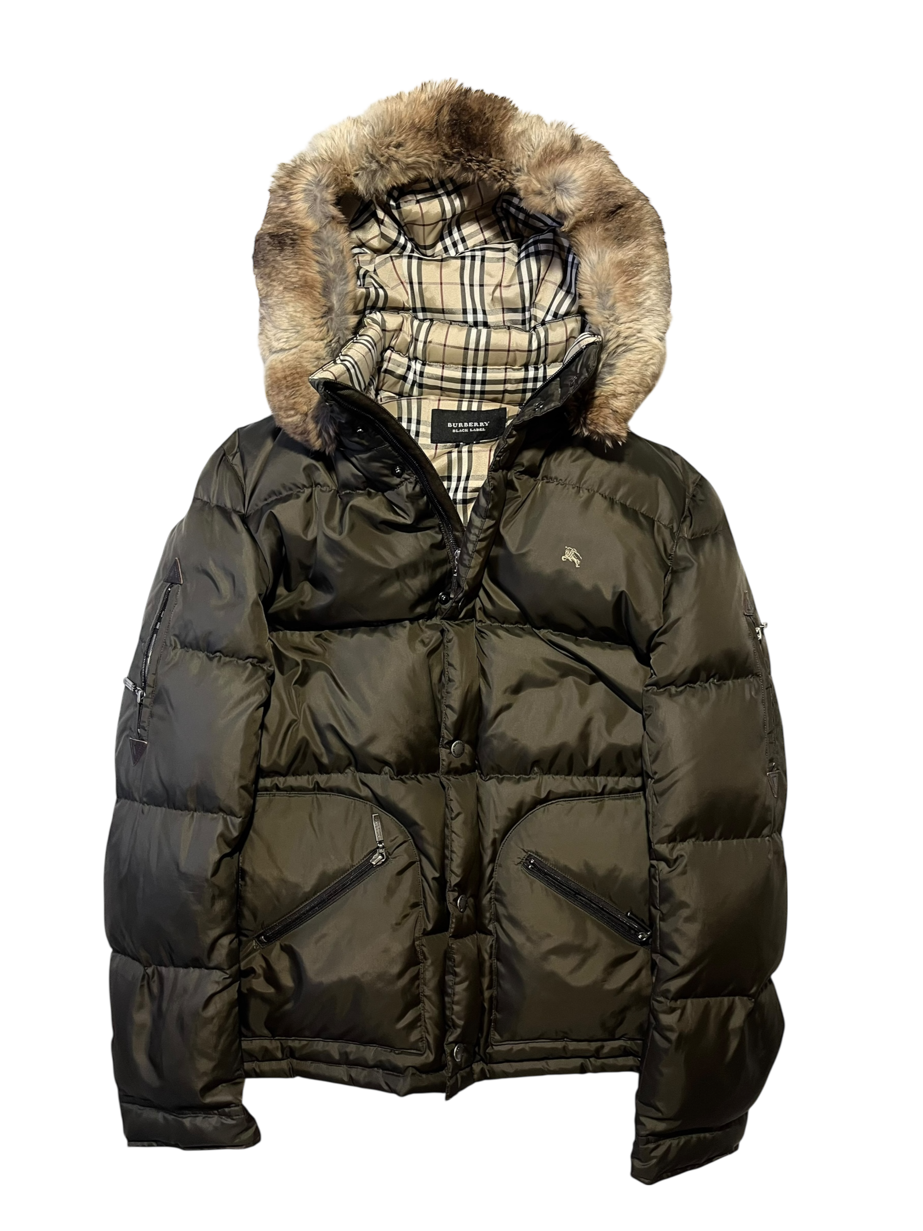 BURBERRY BLACK LABEL 2009 DARK GREEN REAL FUR OG NOVA CHECK PUFFER DOWN JACKET