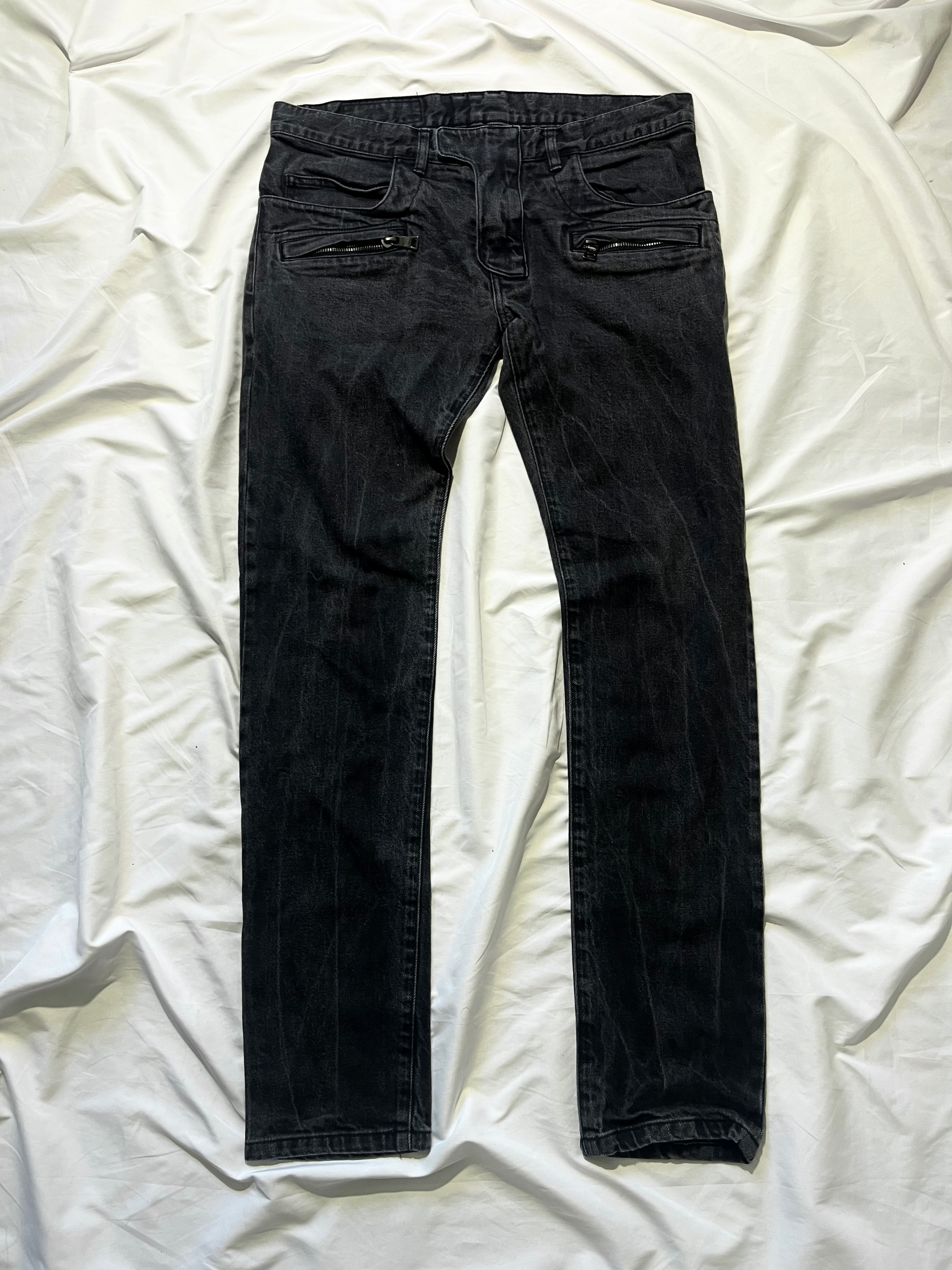 BALMAIN ACID WASH GREY BIKER DENIM BY OLIVIER ROUSTEING